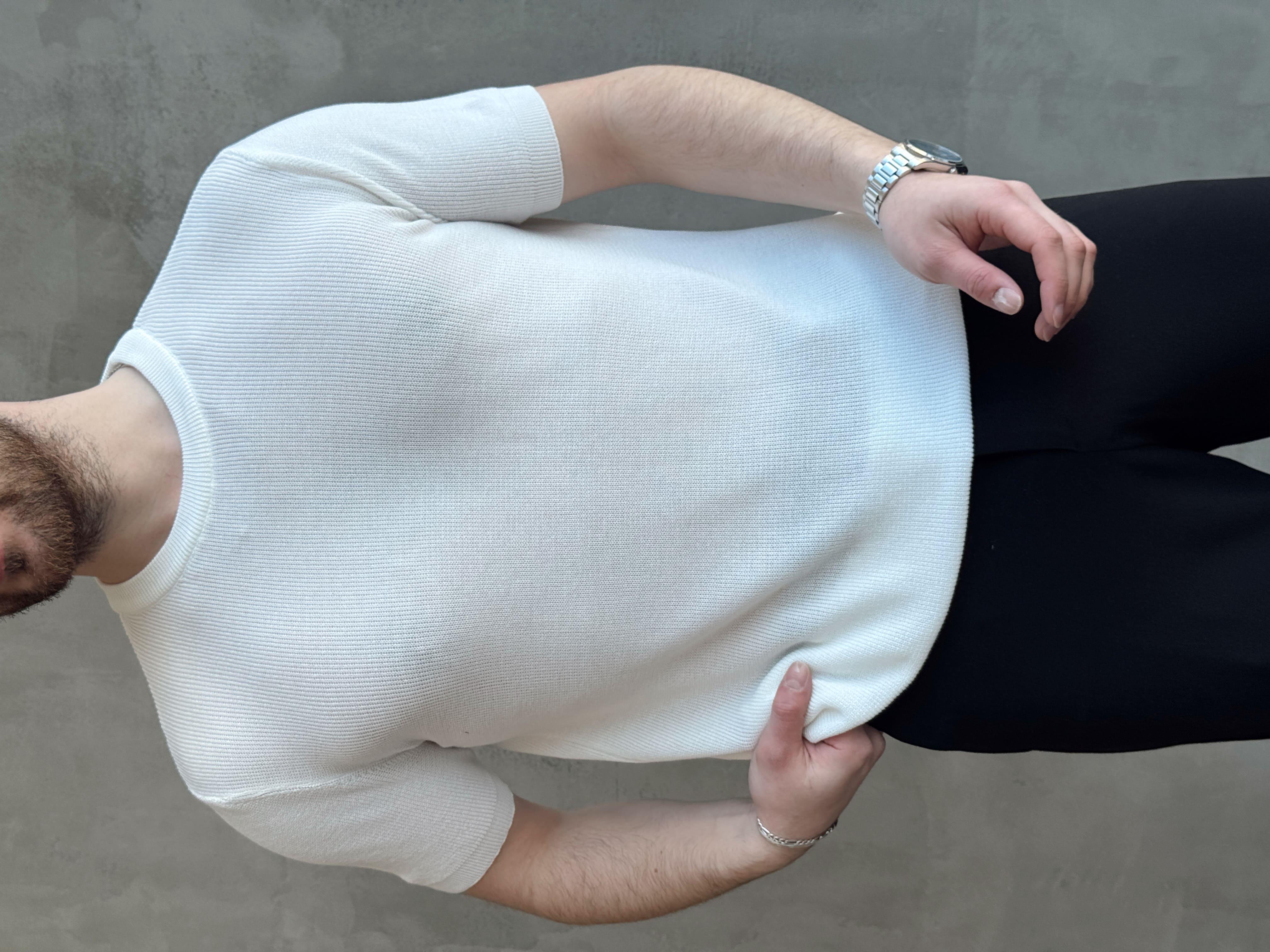 Erkek Yüksek Kalite Örme Triko Oversize Kalıp Bisiklet Yaka Triko T-Shirt-Beyaz(E1655)Ketench