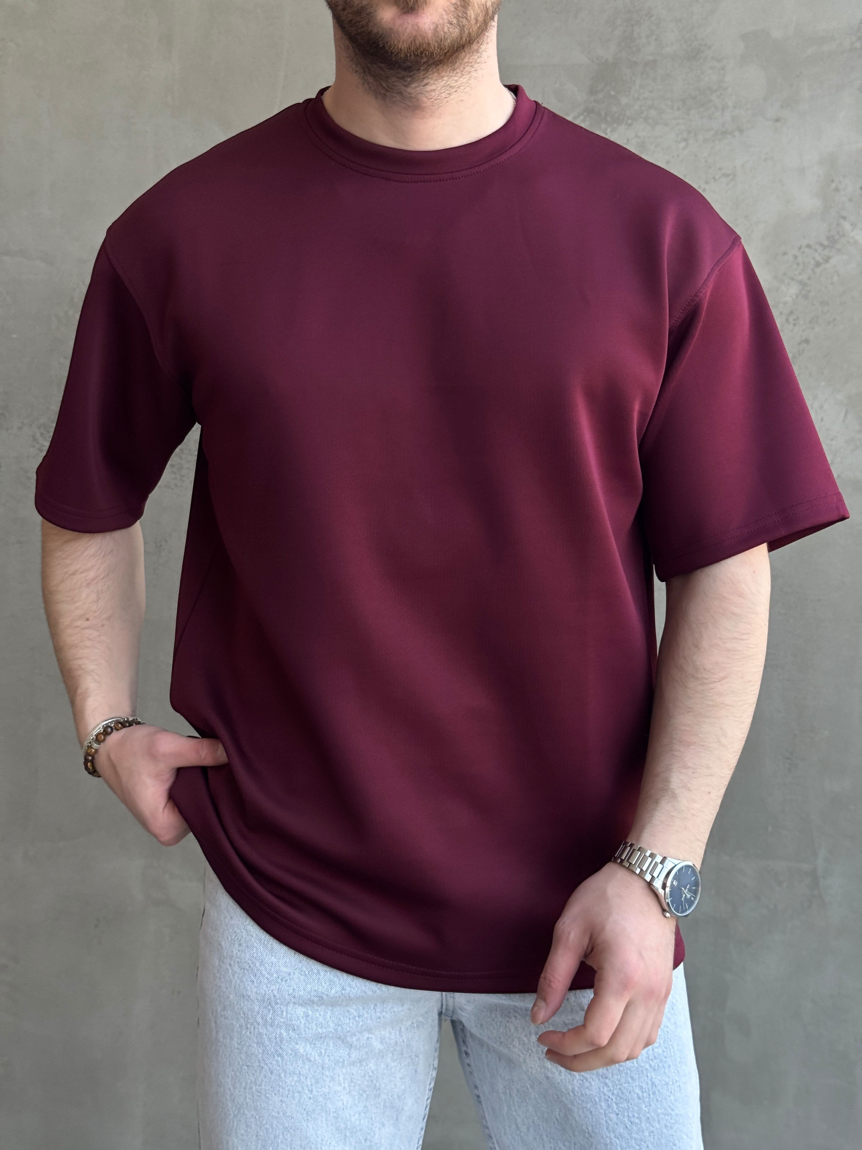 Erkek Yüksek Kalite Oversize Kalıp Bisiklet Yaka Yumuşak Dokulu Düz T-Shirt-Mürdüm(E1673)Ketench