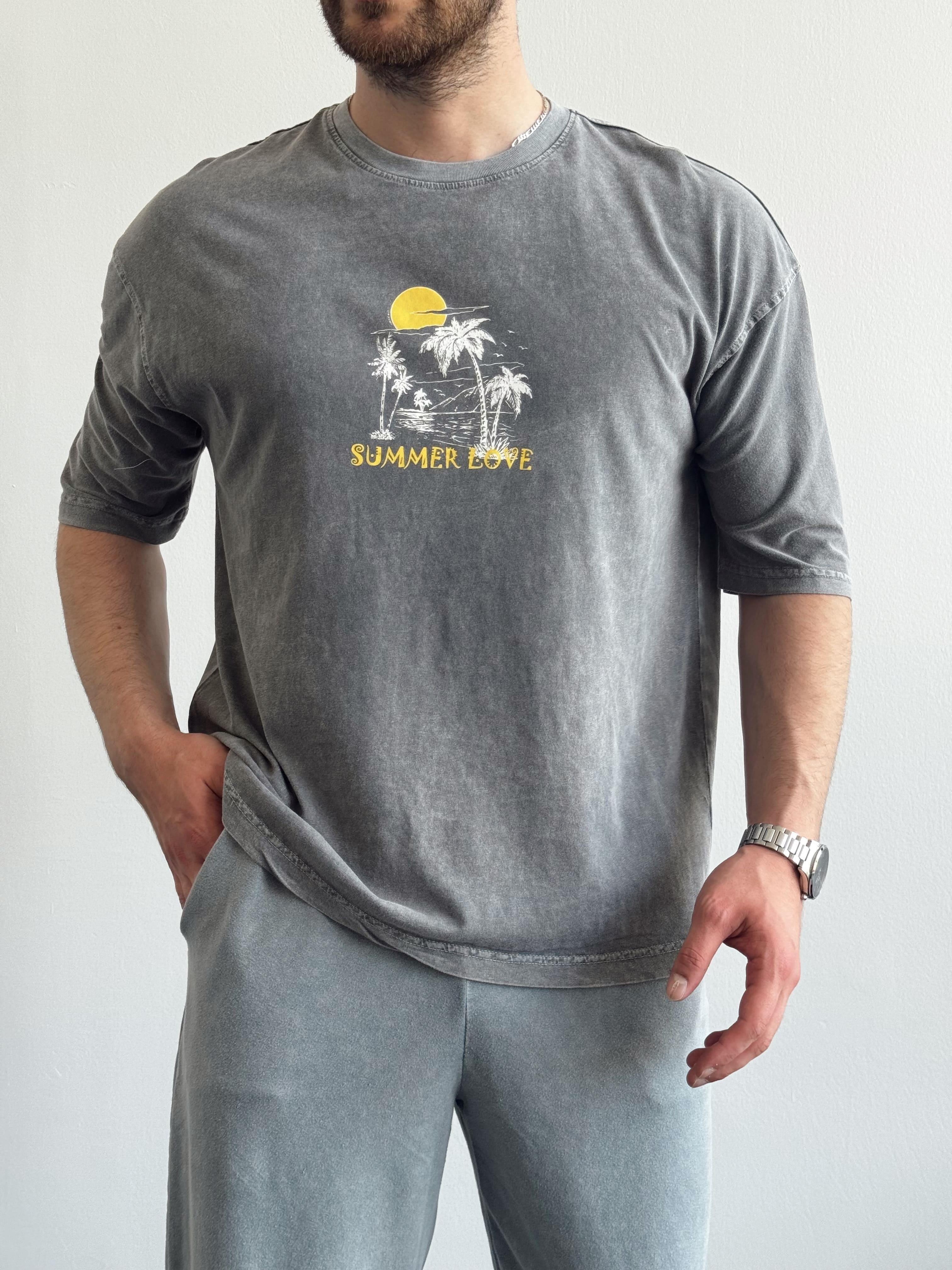 Erkek Yüksek Kalite Oversize Kalıp Bisiklet Yaka Summer Love Baskılı T-Shirt-Füme(E1419)Ketench