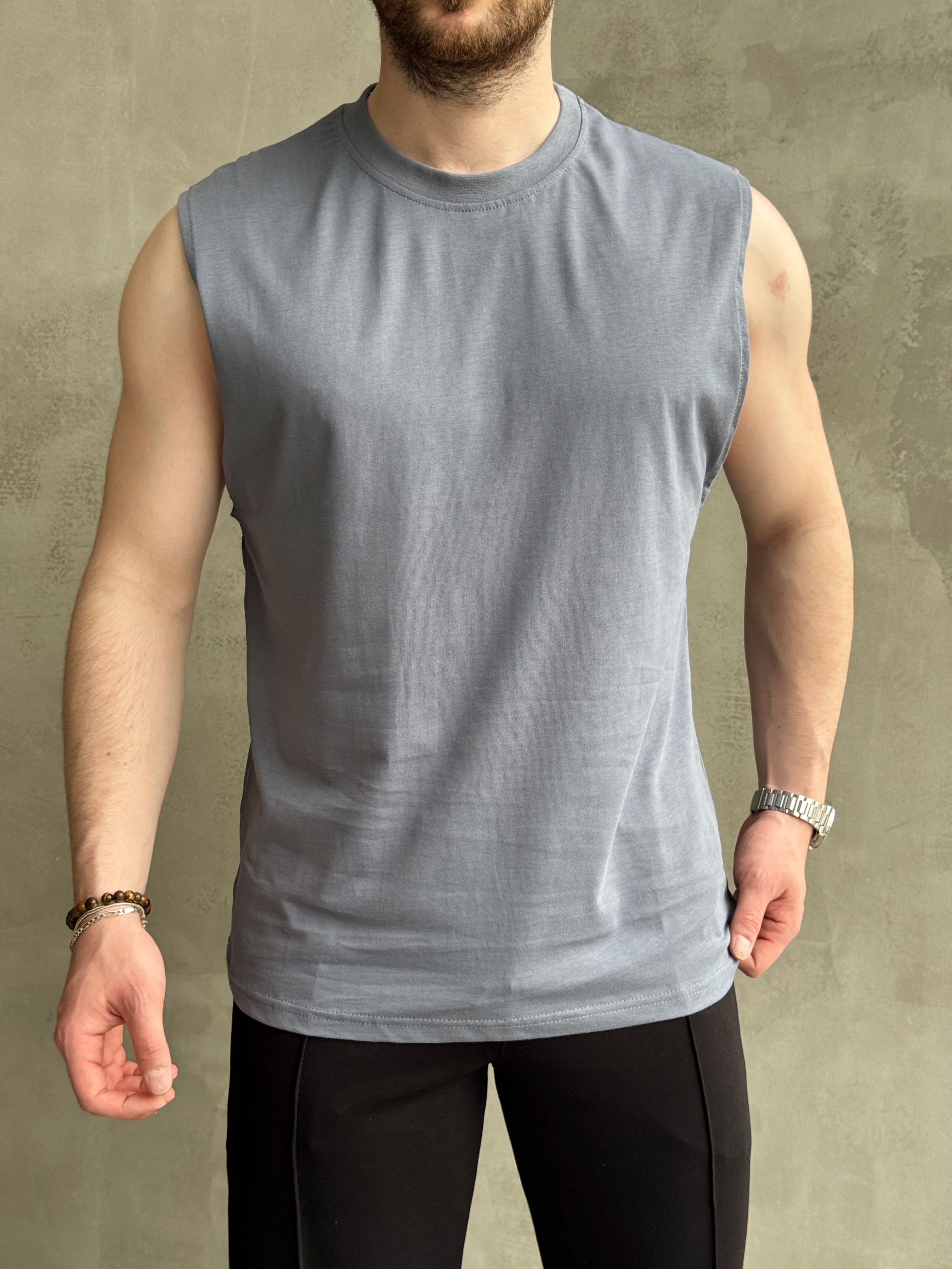 Erkek Yüksek Kalite Oversize Kalıp Bisiklet Yaka Sıfır Kol T-Shirt-Mavi(E1730)Ketench