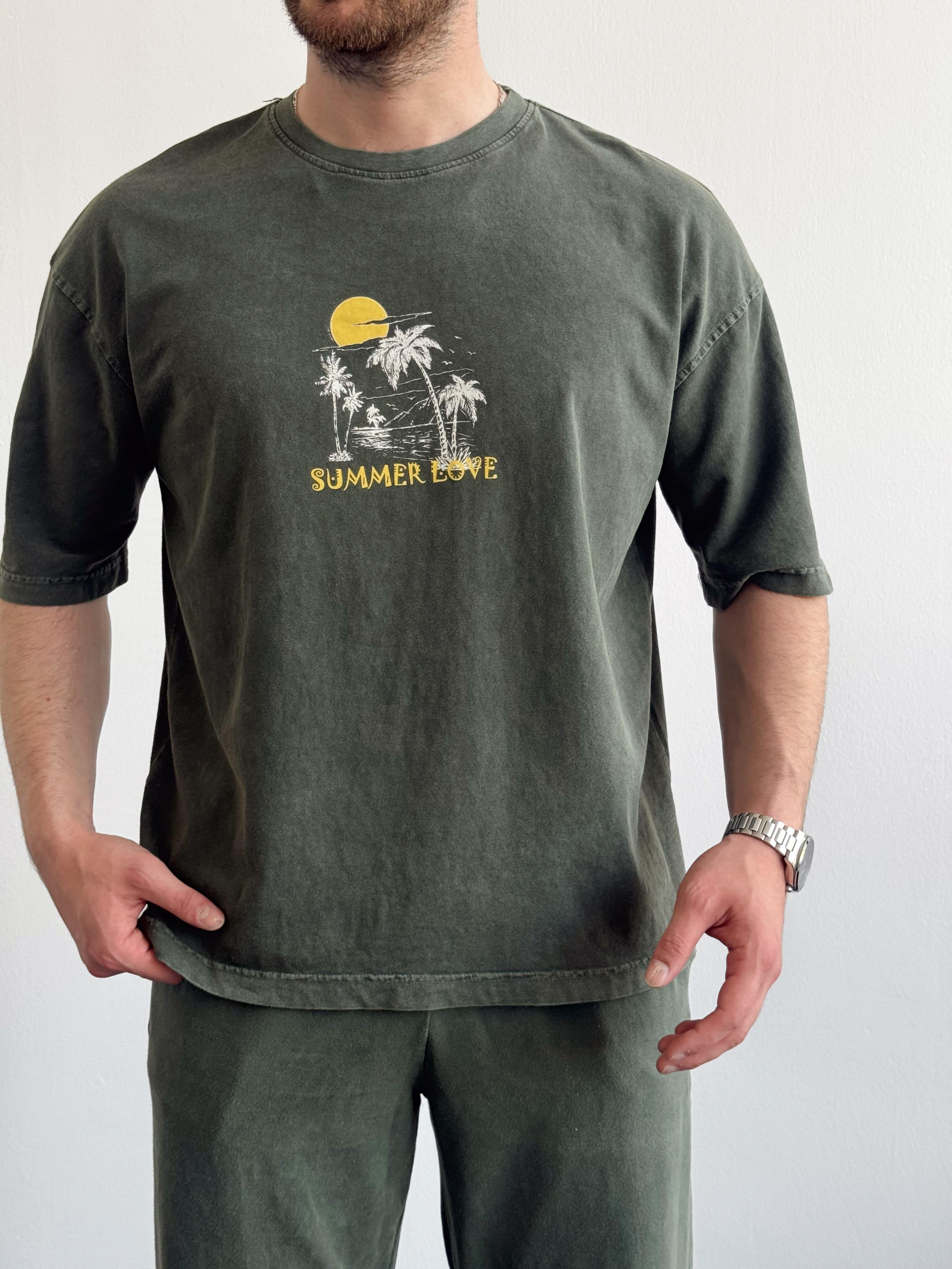 Erkek Yüksek Kalite Oversize Kalıp Bisiklet Yaka Summer Love Baskılı T-Shirt-Yeşil(E1419)Ketench
