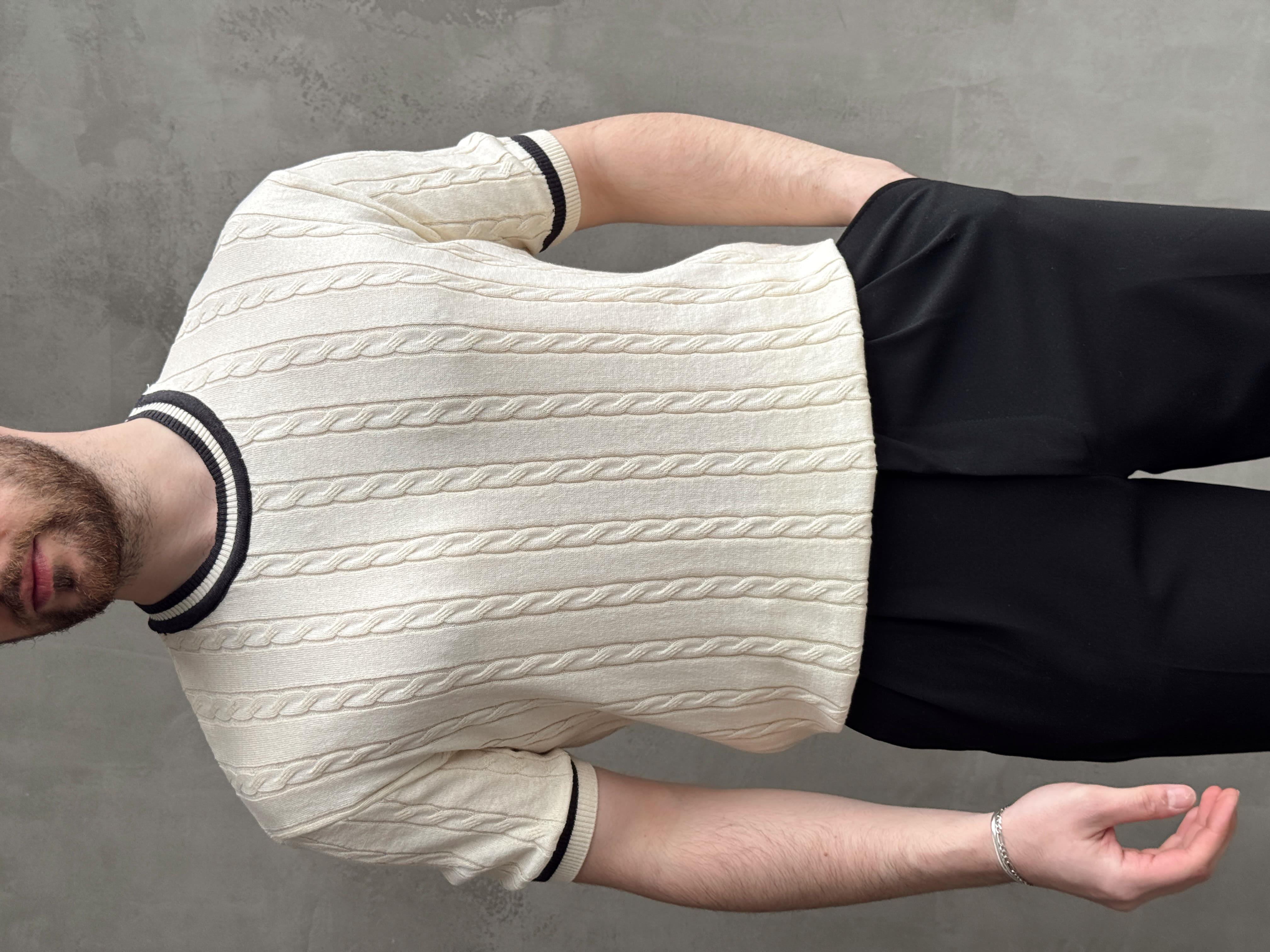 Erkek Yüksek Kalite Oversize Kalıp Bisiklet Yaka Örgü Detaylı Triko T-Shirt-Krem(E1662)Ketench