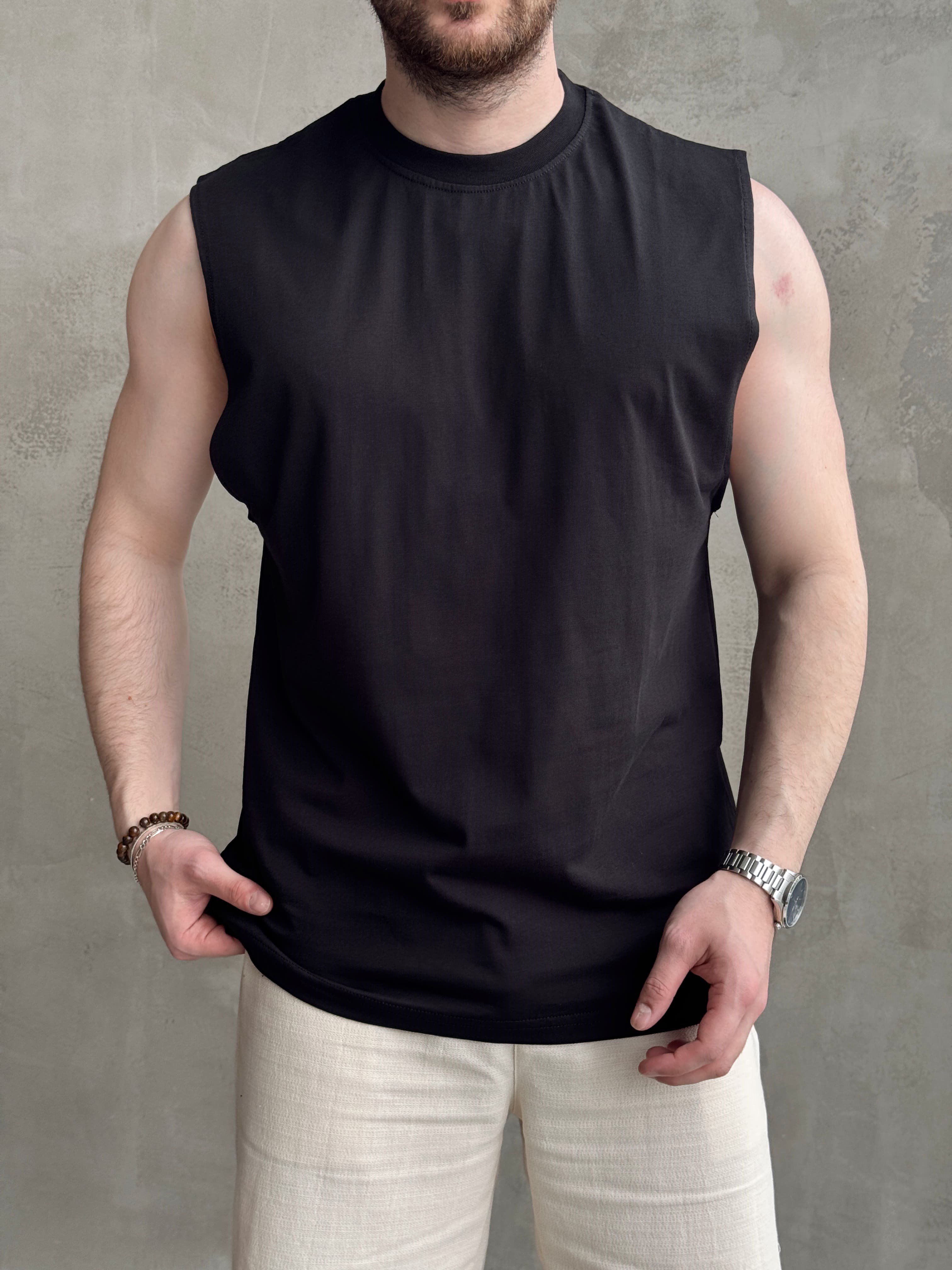 Erkek Yüksek Kalite Oversize Kalıp Bisiklet Yaka Sıfır Kol T-Shirt-Siyah(E1730)Ketench