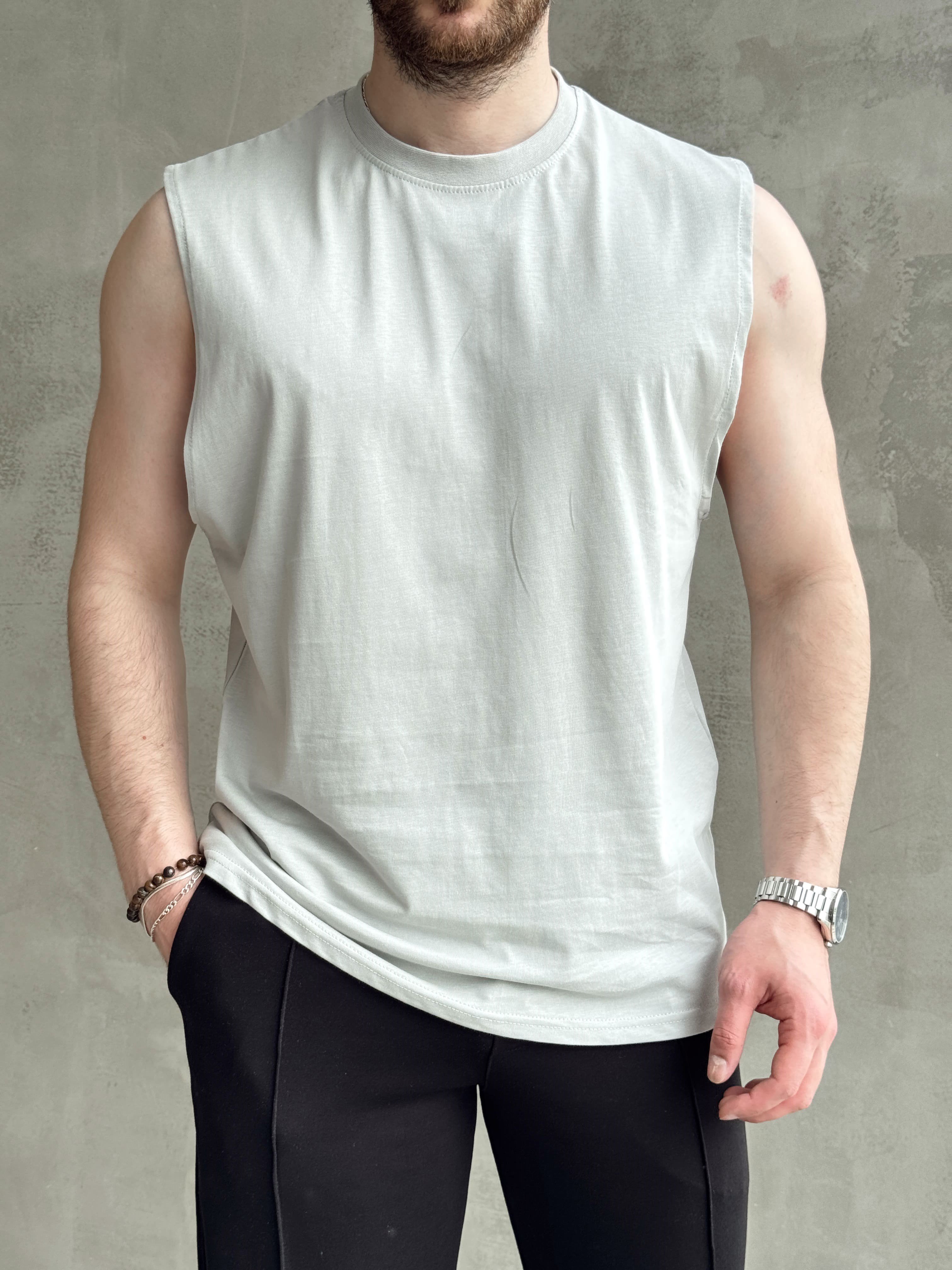 Erkek Yüksek Kalite Oversize Kalıp Bisiklet Yaka Sıfır Kol T-Shirt-Gri(E1730)Ketench