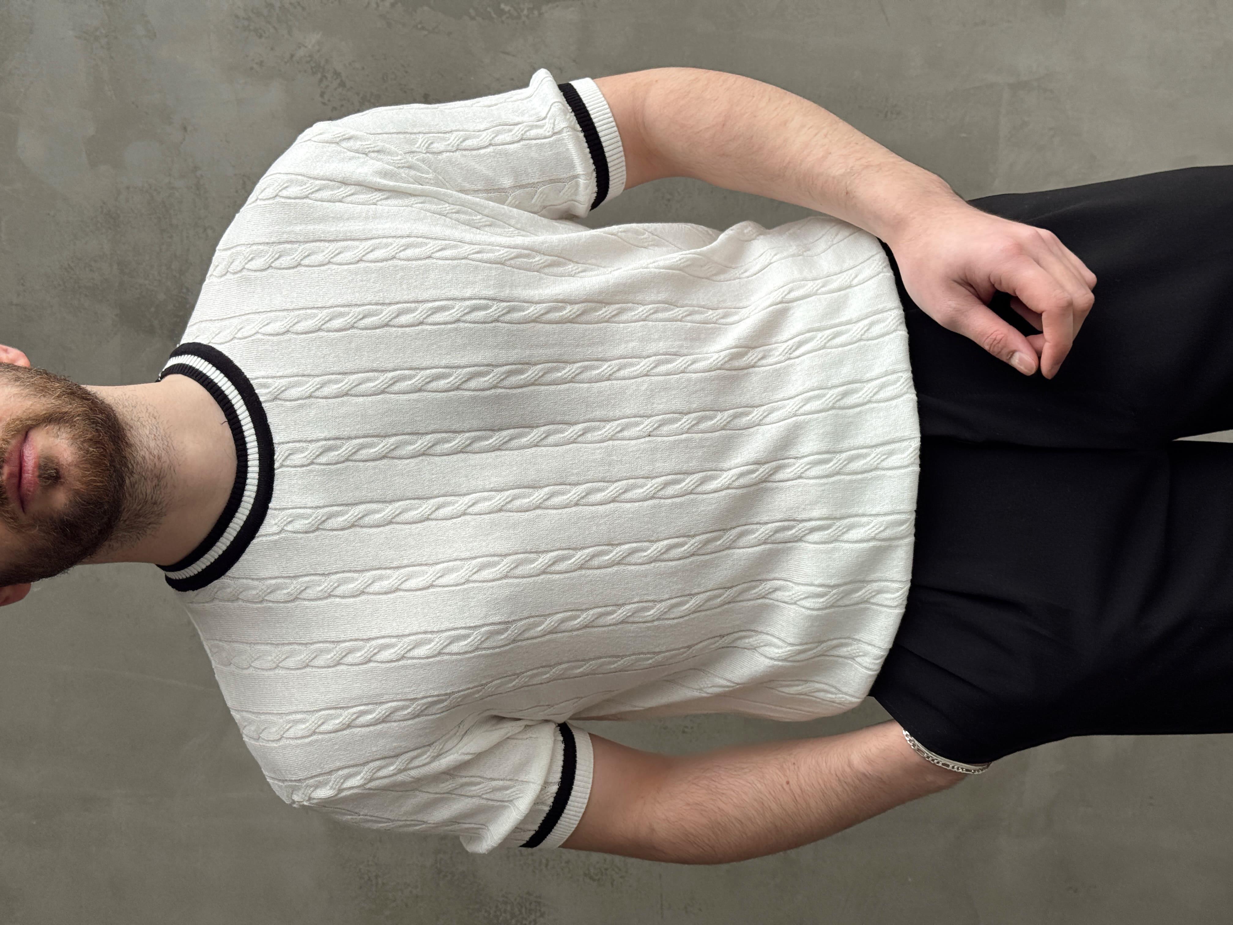 Erkek Yüksek Kalite Oversize Kalıp Bisiklet Yaka Örgü Detaylı Triko T-Shirt-Beyaz(E1662)Ketench