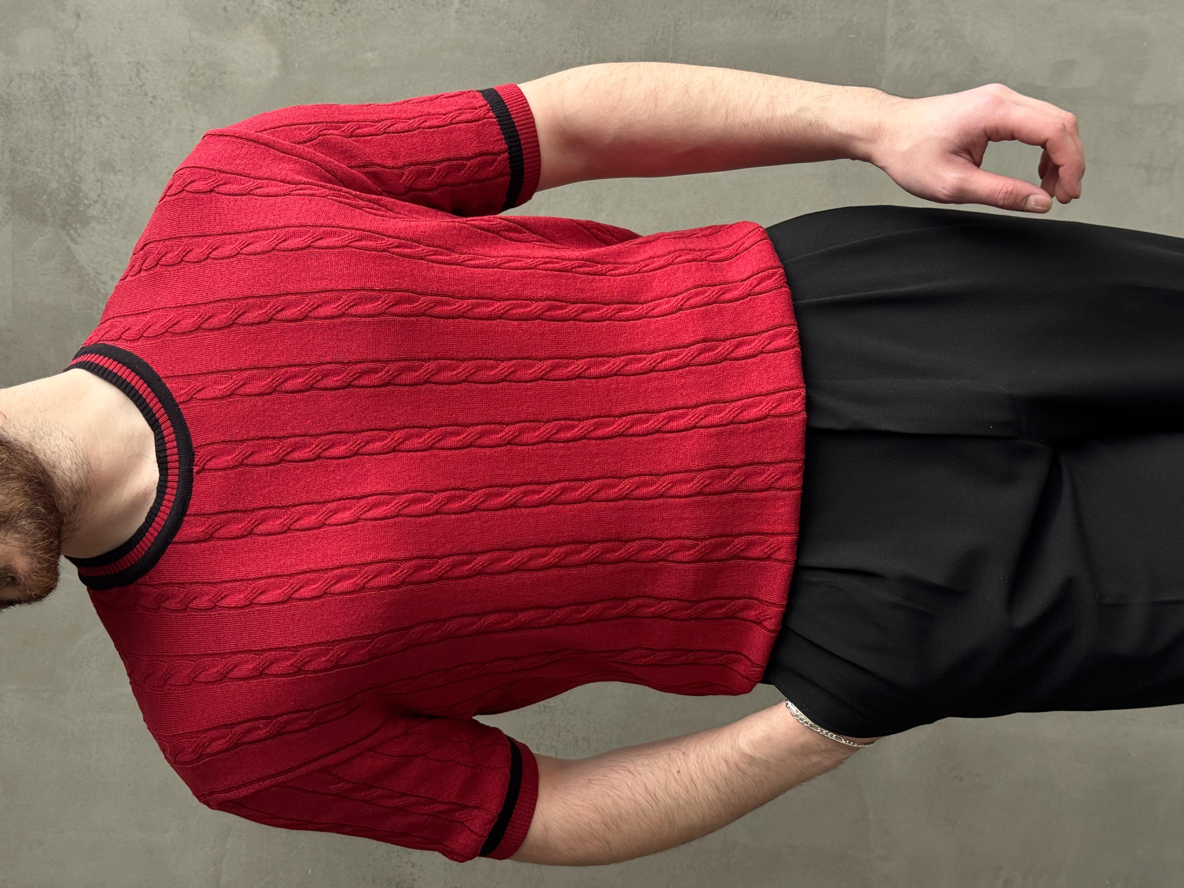 Erkek Yüksek Kalite Oversize Kalıp Bisiklet Yaka Örgü Detaylı Triko T-Shirt-Bordo(E1662)Ketench