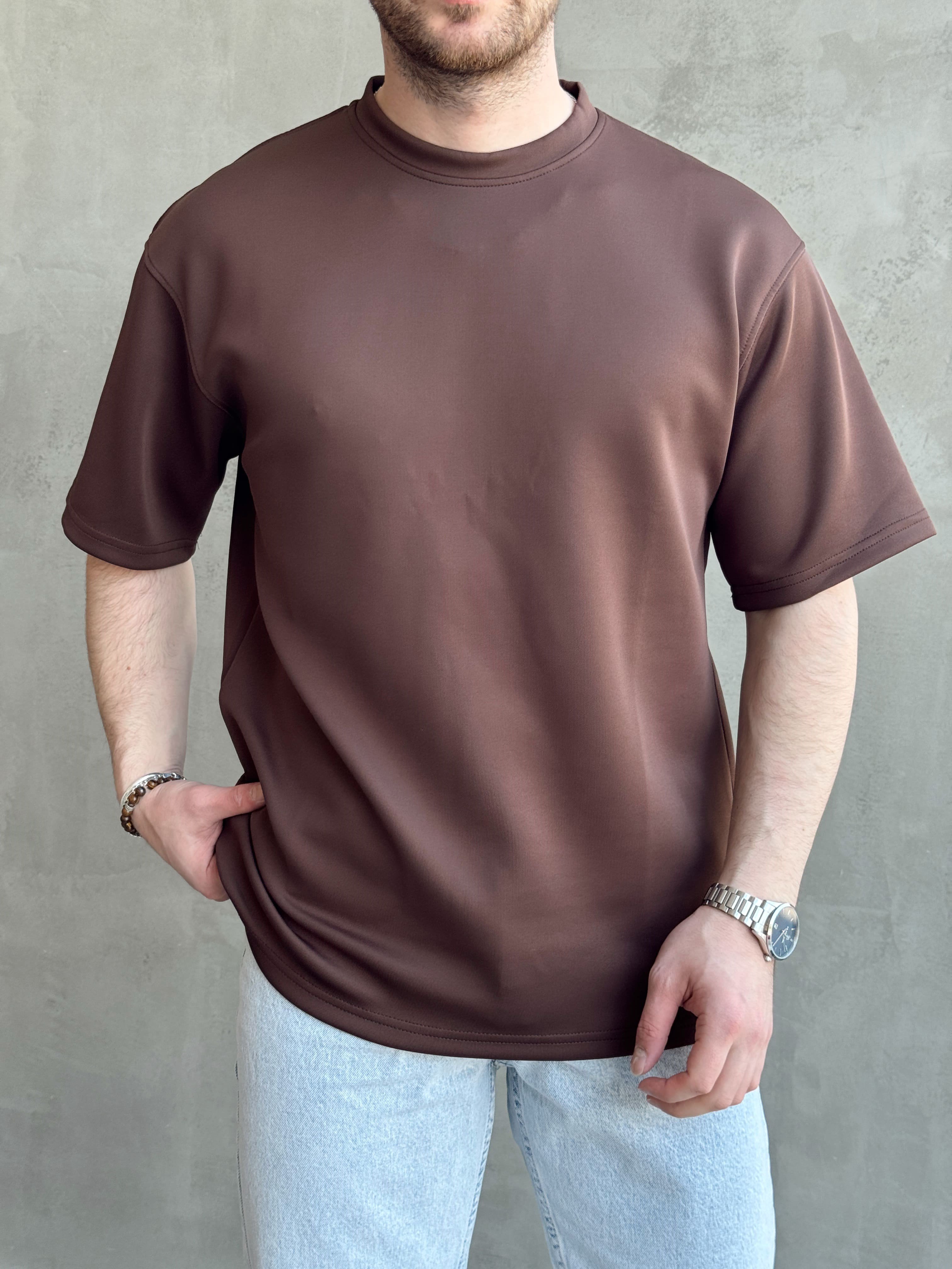 Erkek Yüksek Kalite Oversize Kalıp Bisiklet Yaka Yumuşak Dokulu Düz T-Shirt-Kahverengi(E1673)Ketench