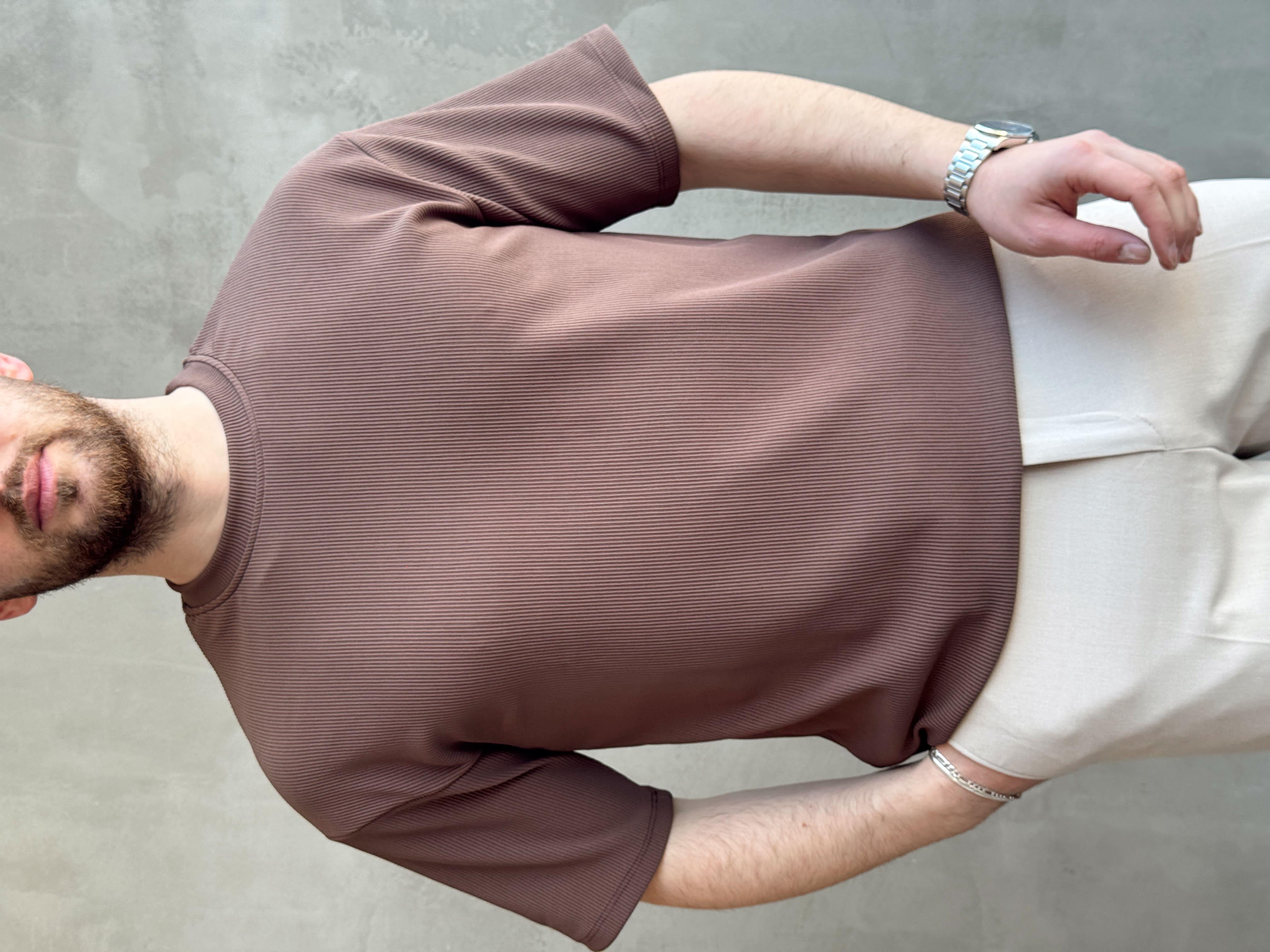 Erkek Yüksek Kalite Oversize Kalıp Bisiklet Yaka Fitil Detaylı T-Shirt-Kahverengi(E1656)Ketench