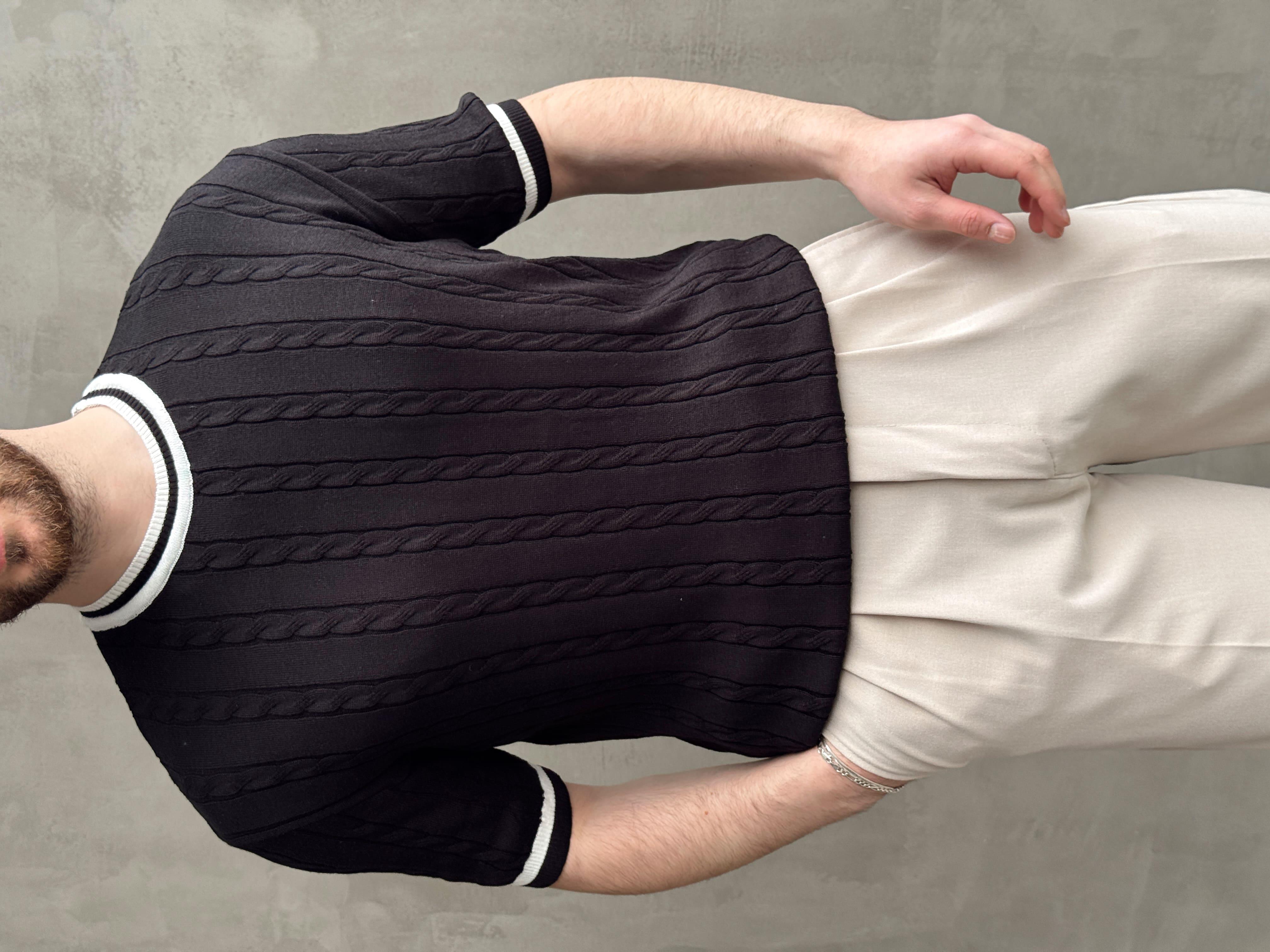 Erkek Yüksek Kalite Oversize Kalıp Bisiklet Yaka Örgü Detaylı Triko T-Shirt-Siyah(E1662)Ketench