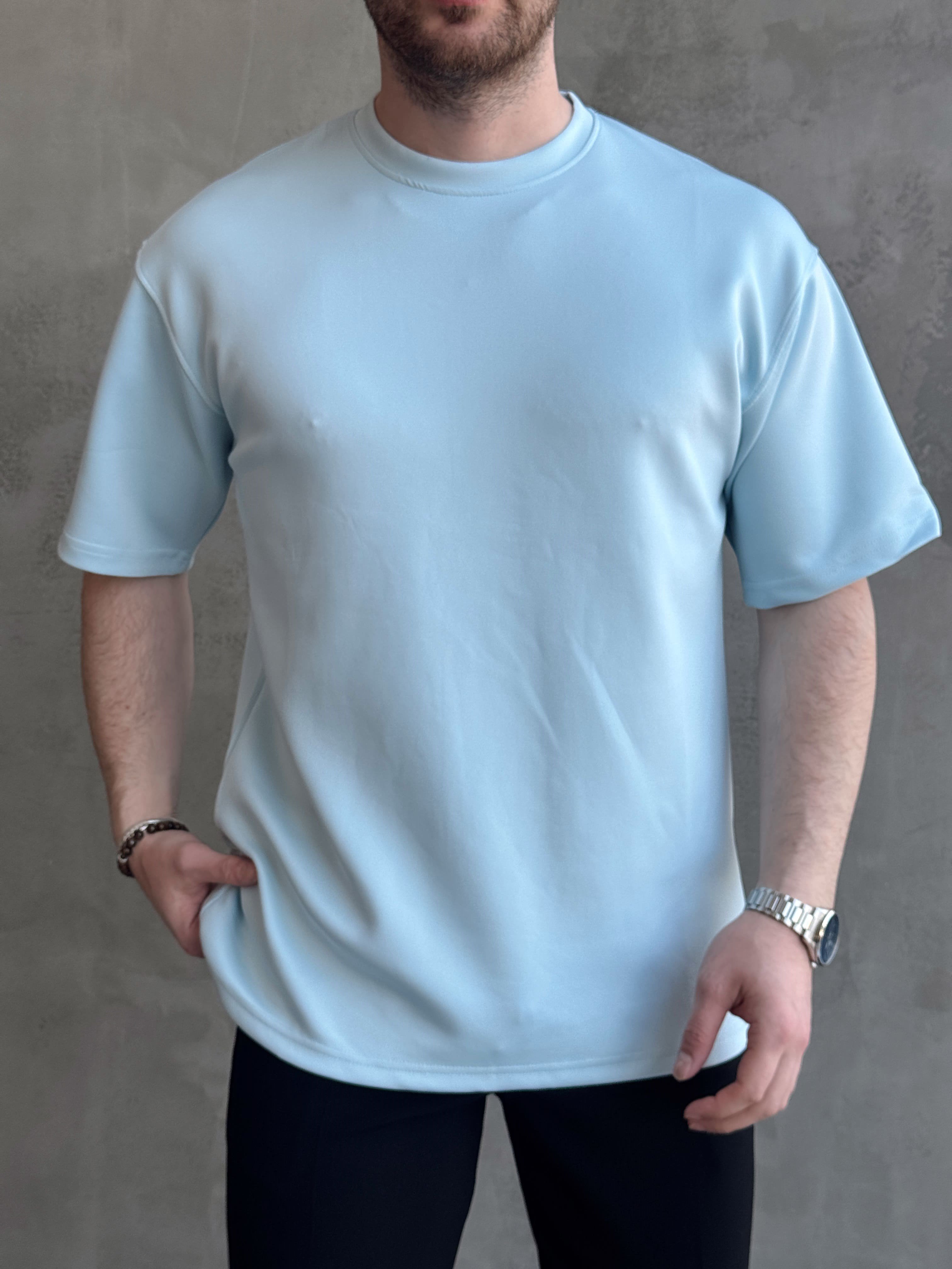 Erkek Yüksek Kalite Oversize Kalıp Bisiklet Yaka Yumuşak Dokulu Düz T-Shirt-Bebe Mavi(E1673)Ketench