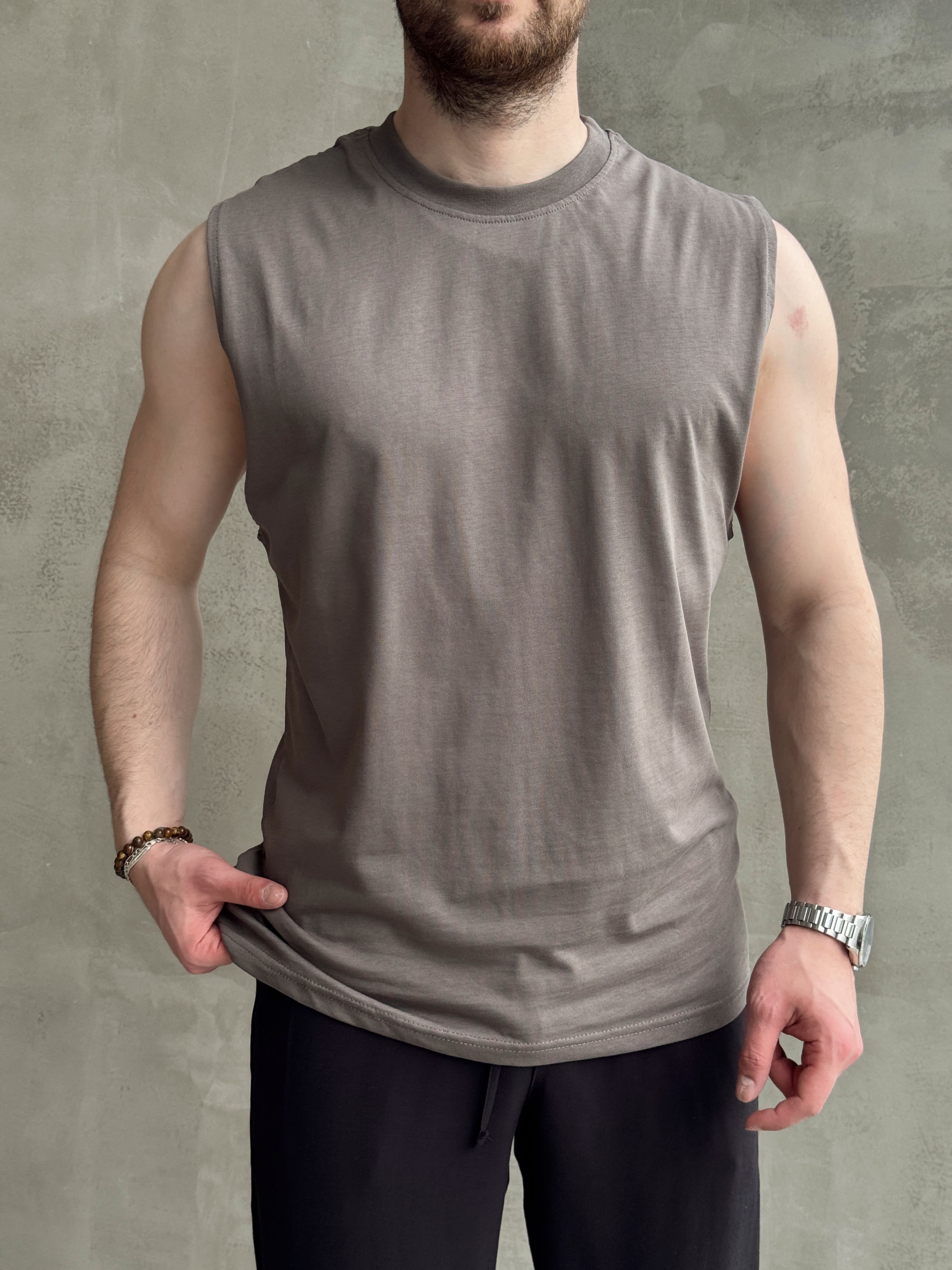 Erkek Yüksek Kalite Oversize Kalıp Bisiklet Yaka Sıfır Kol T-Shirt-Antrasit(E1730)Ketench
