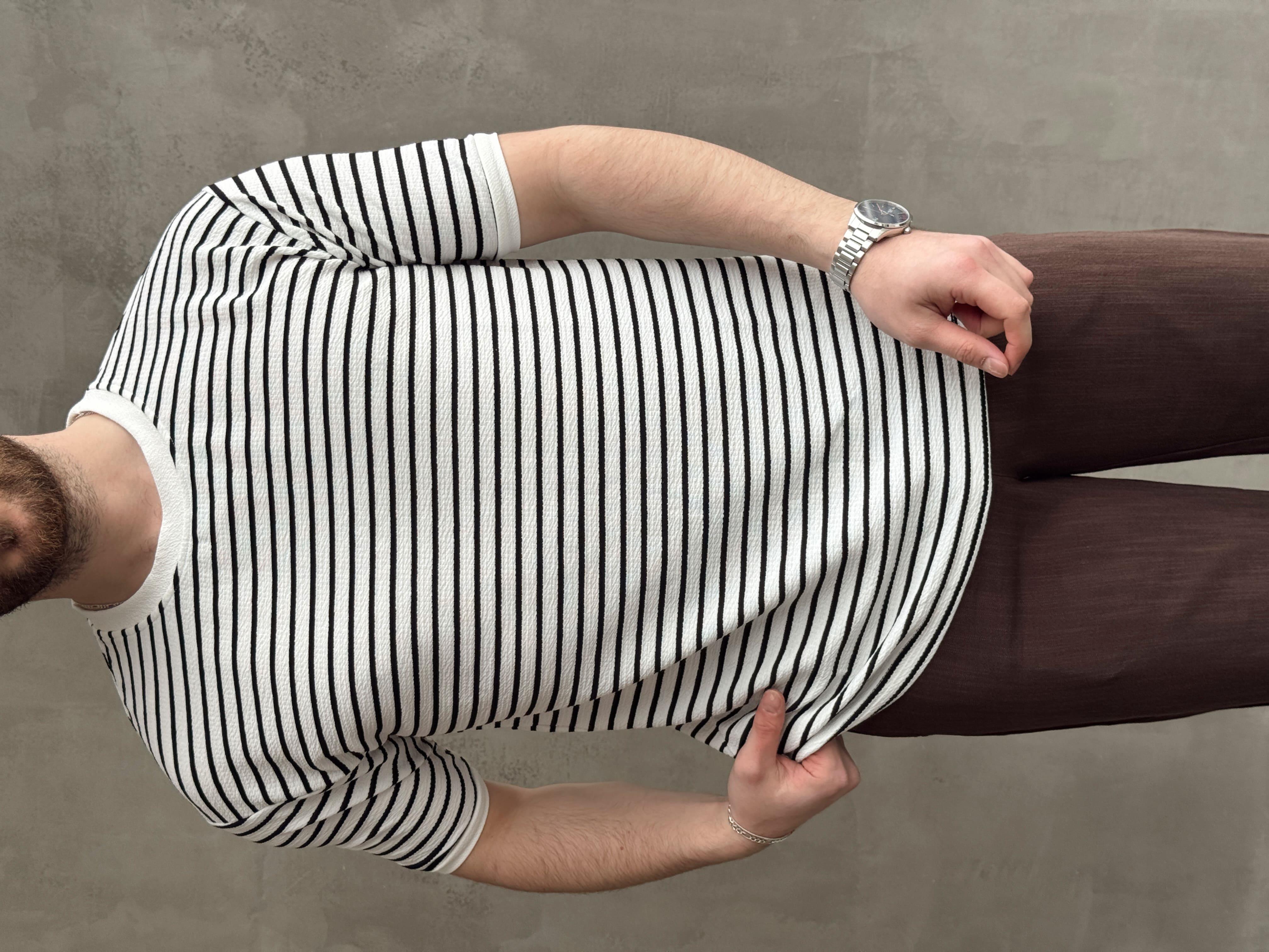Erkek Yüksek Kalite Oversize Kalıp Bisiklet Yaka Çizgi Detaylı T-Shirt-Beyaz(E1674)Ketench