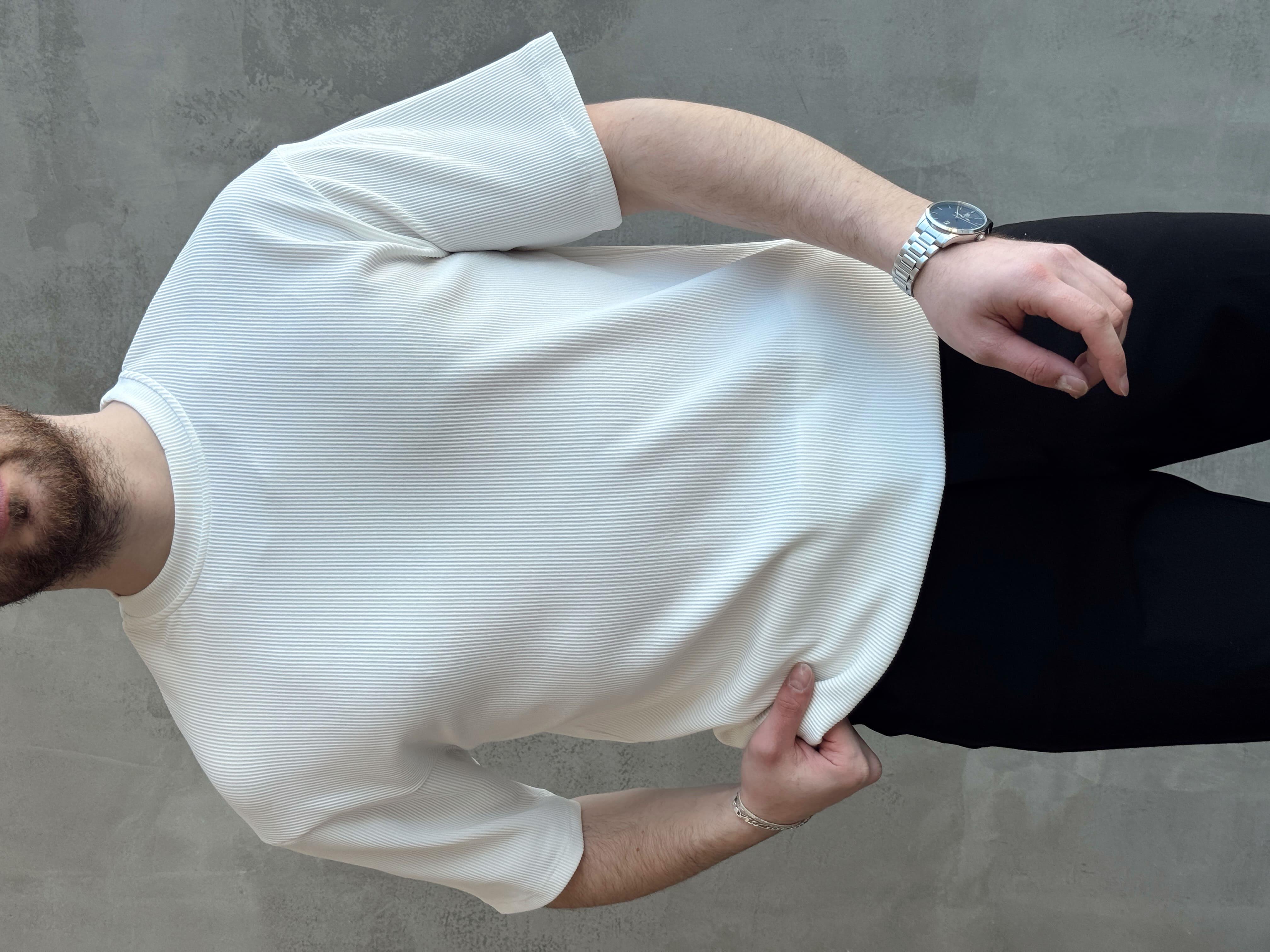 Erkek Yüksek Kalite Oversize Kalıp Bisiklet Yaka Fitil Detaylı T-Shirt-Beyaz(E1656)Ketench