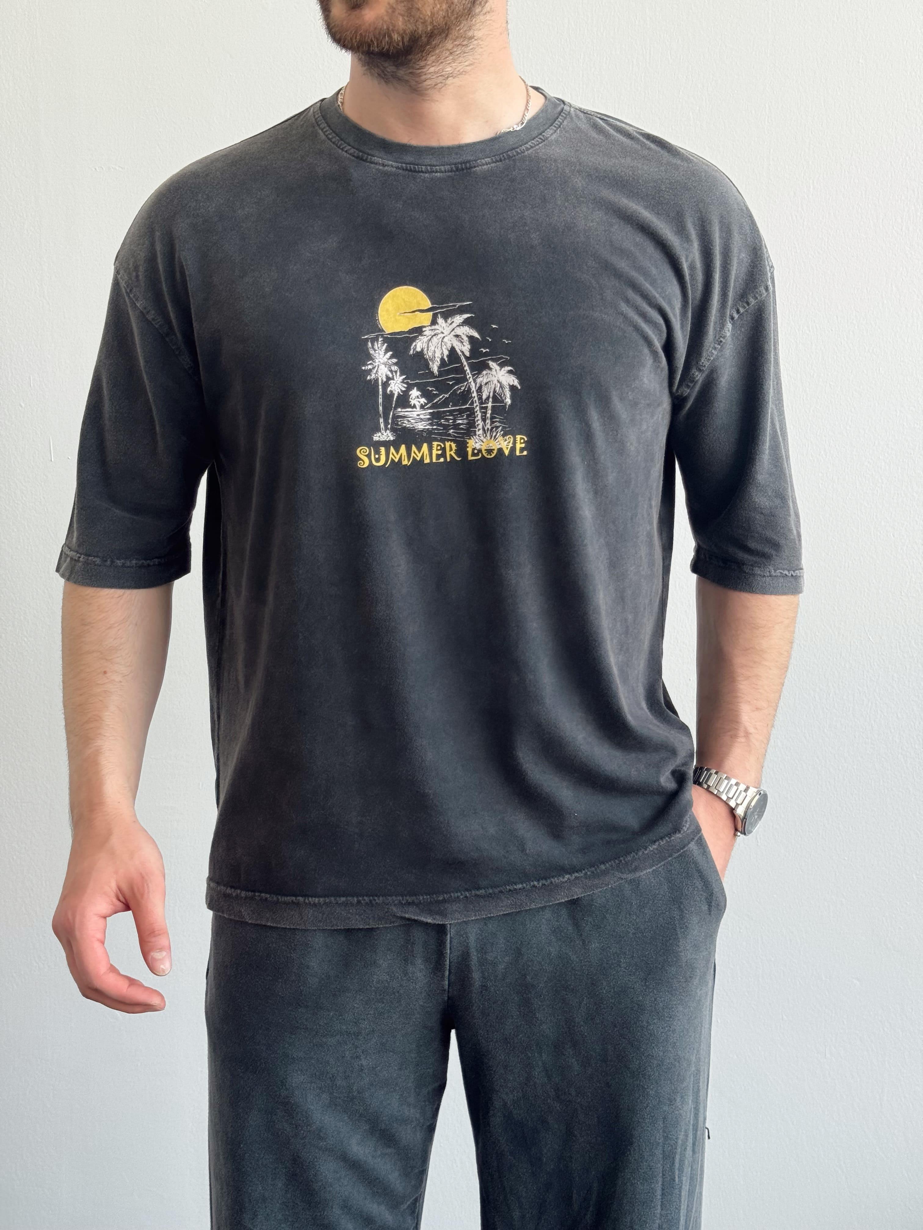 Erkek Yüksek Kalite Oversize Kalıp Bisiklet Yaka Summer Love Baskılı T-Shirt-Siyah(E1419)Ketench