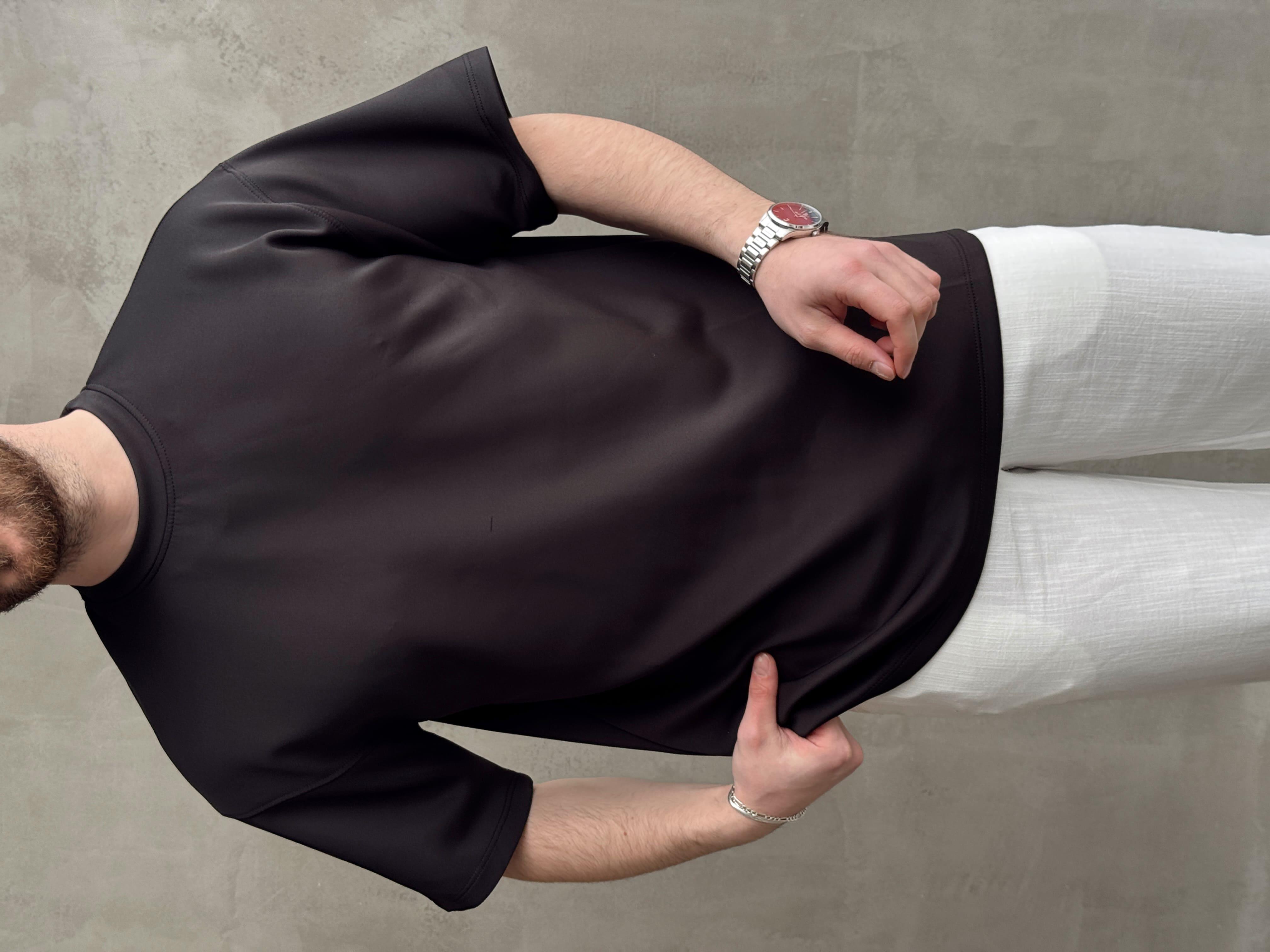 Erkek Yüksek Kalite Oversize Kalıp Bisiklet Yaka Yumuşak Dokulu Düz T-Shirt-Siyah(E1673)Ketench