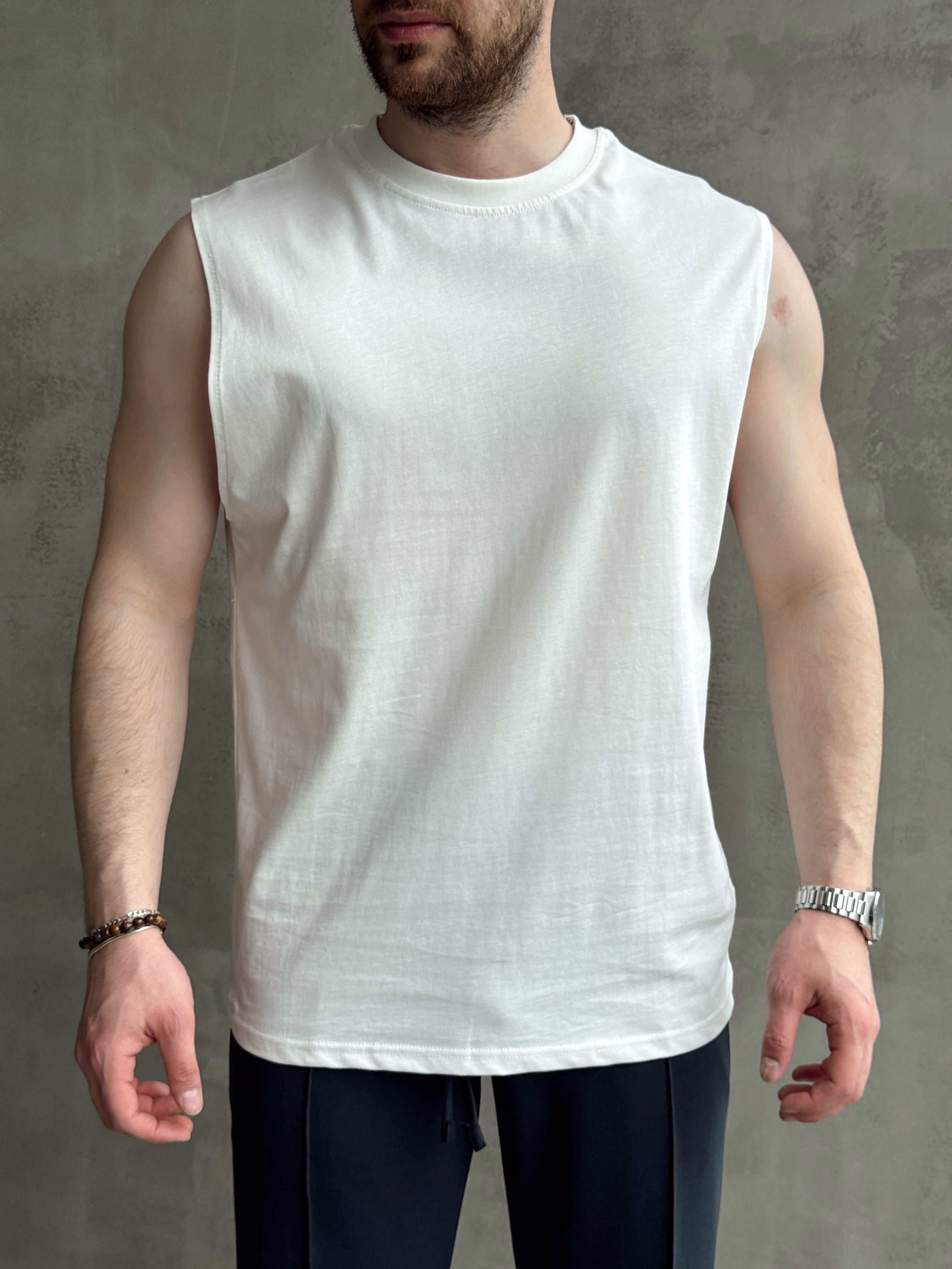 Erkek Yüksek Kalite Oversize Kalıp Bisiklet Yaka Sıfır Kol T-Shirt-Beyaz(E1730)Ketench