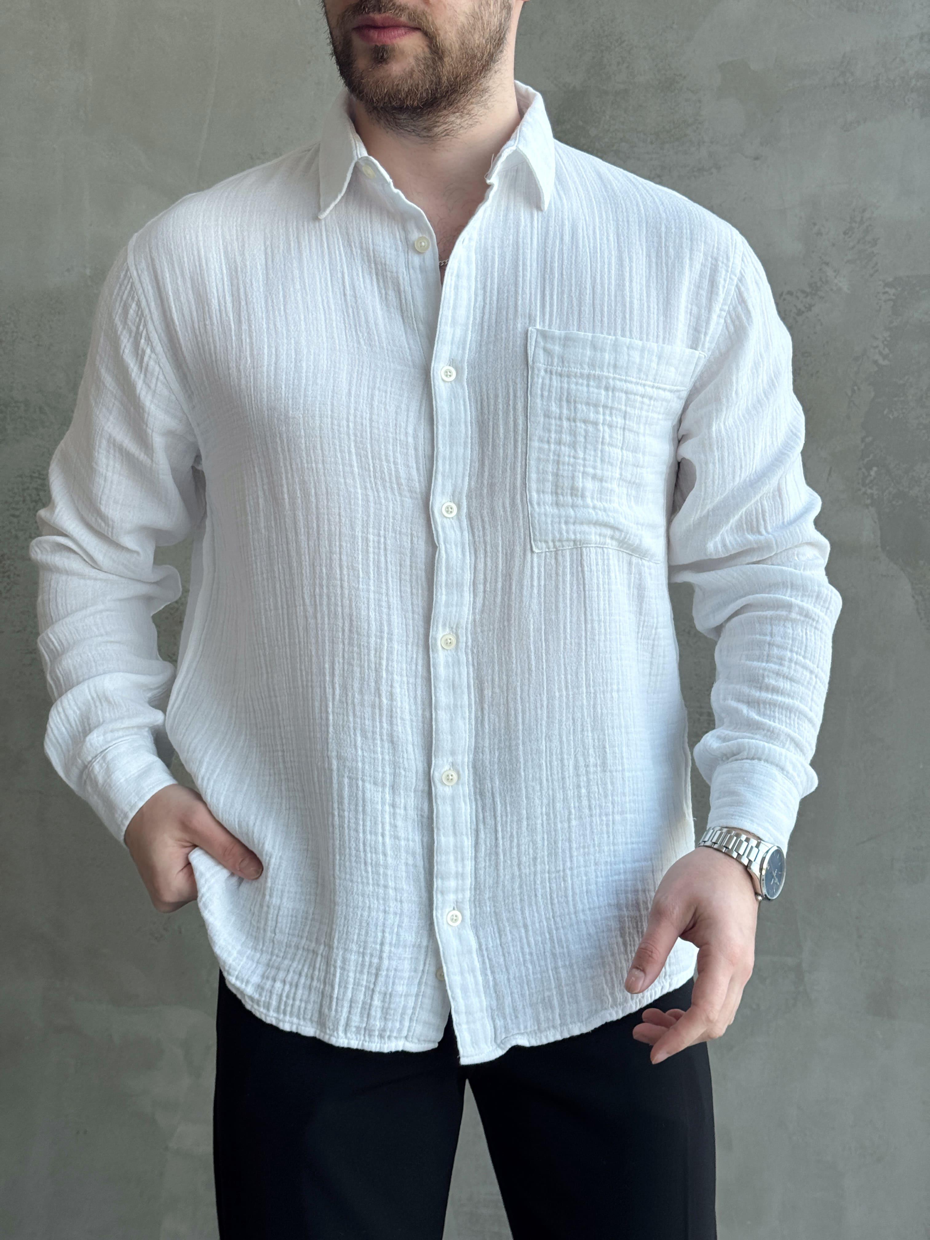 Erkek Yüksek Kalite Oversize Kalıp Cep Detaylı Müslin Kumaş Gömlek-Beyaz(E1630)Ketench