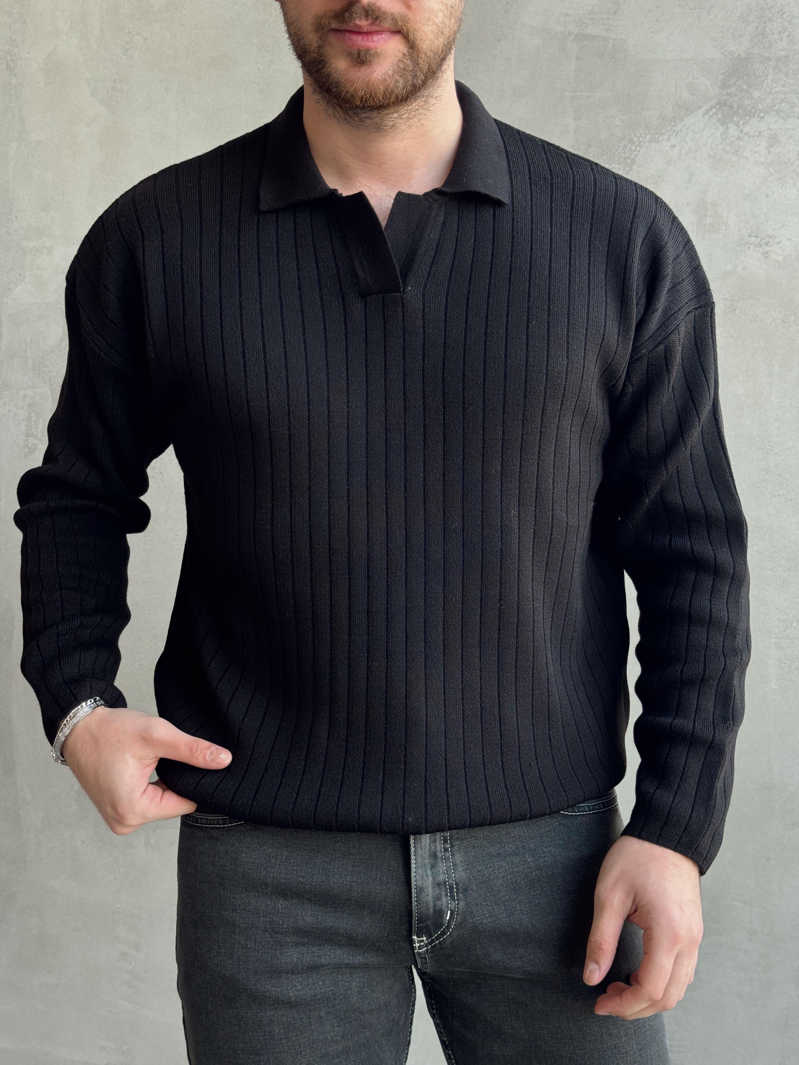 Erkek Yüksek Kalite Oversize Kalıp Çizgi Detaylı Polo Yaka Triko Kazak-Siyah(E1541)Ketench