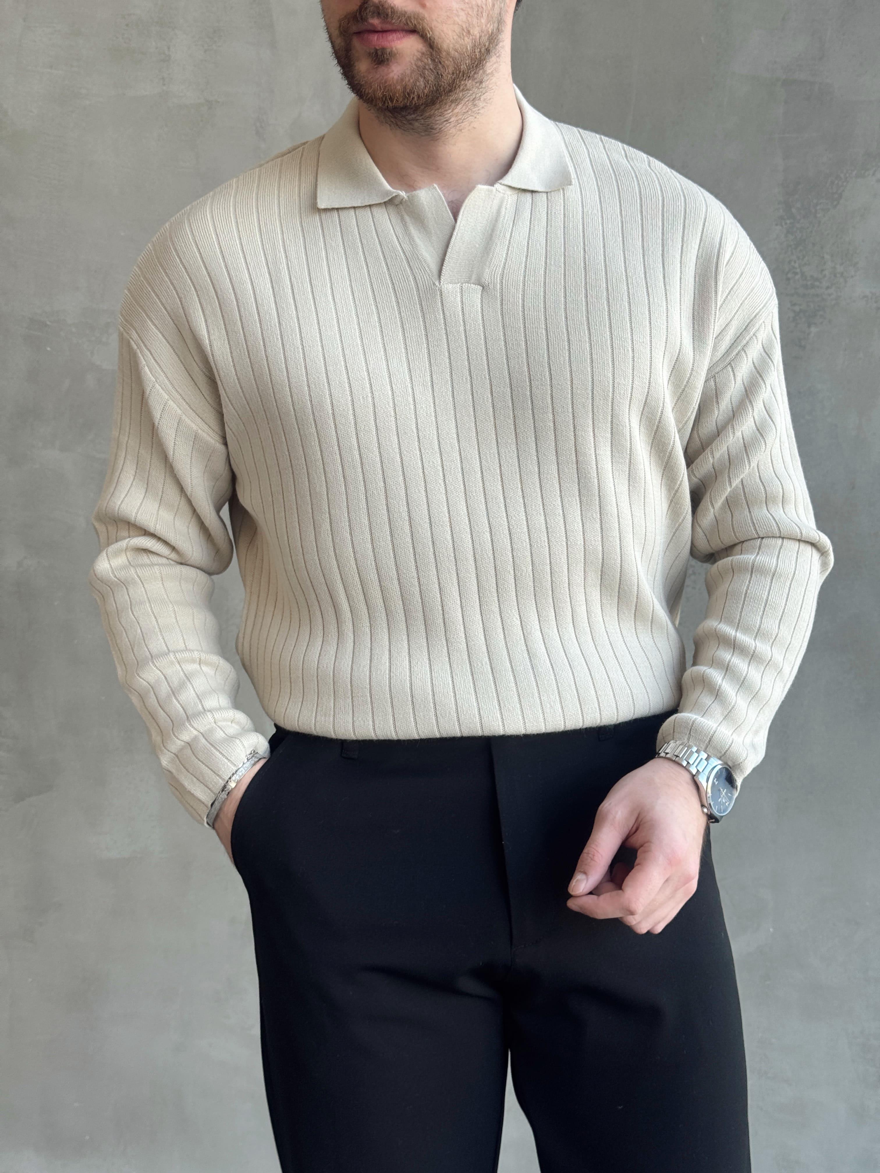 Erkek Yüksek Kalite Oversize Kalıp Çizgi Detaylı Polo Yaka Triko Kazak-Bej(E1541)Ketench