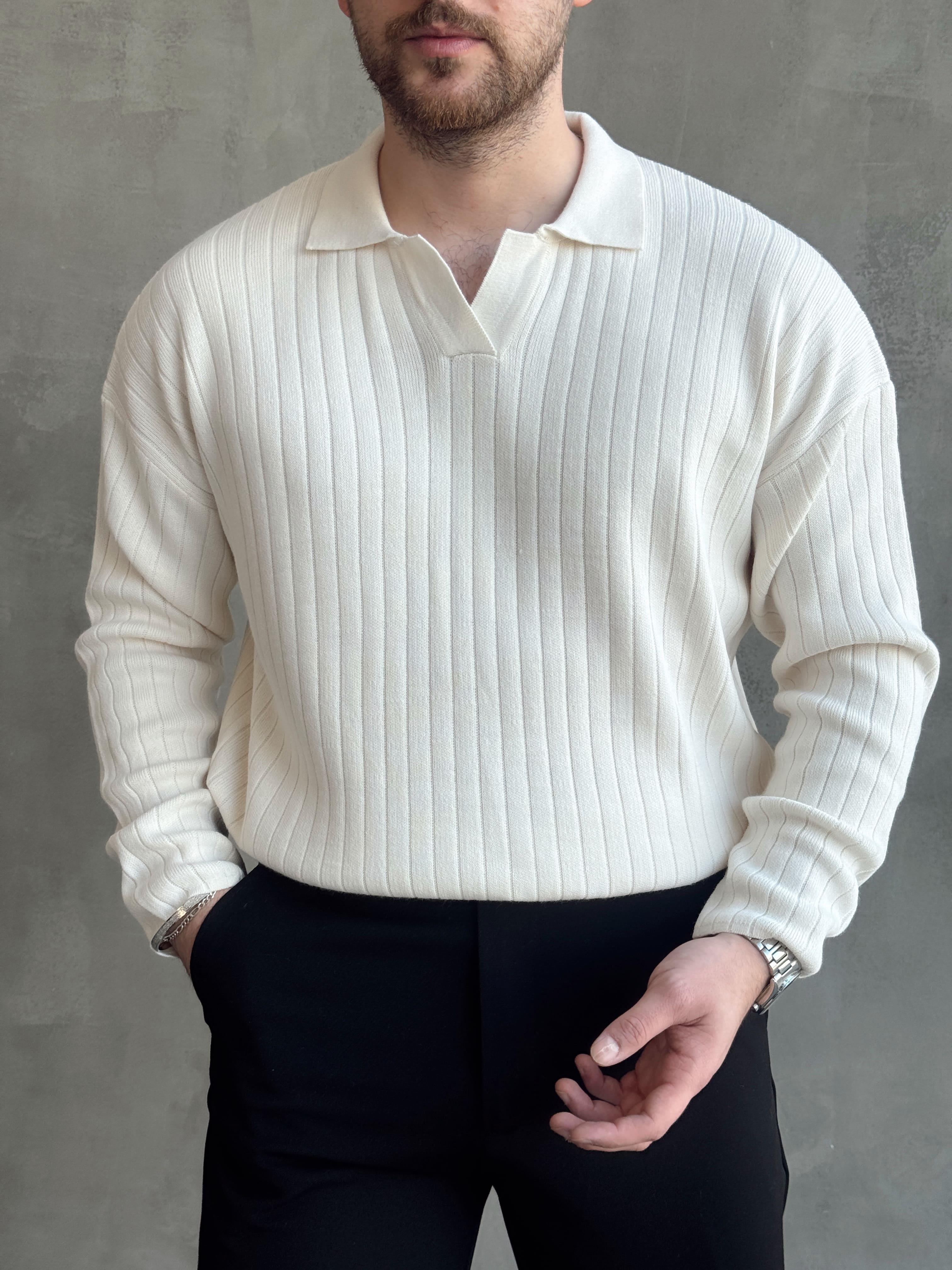 Erkek Yüksek Kalite Oversize Kalıp Çizgi Detaylı Polo Yaka Triko Kazak-Ekru(E1541)Ketench