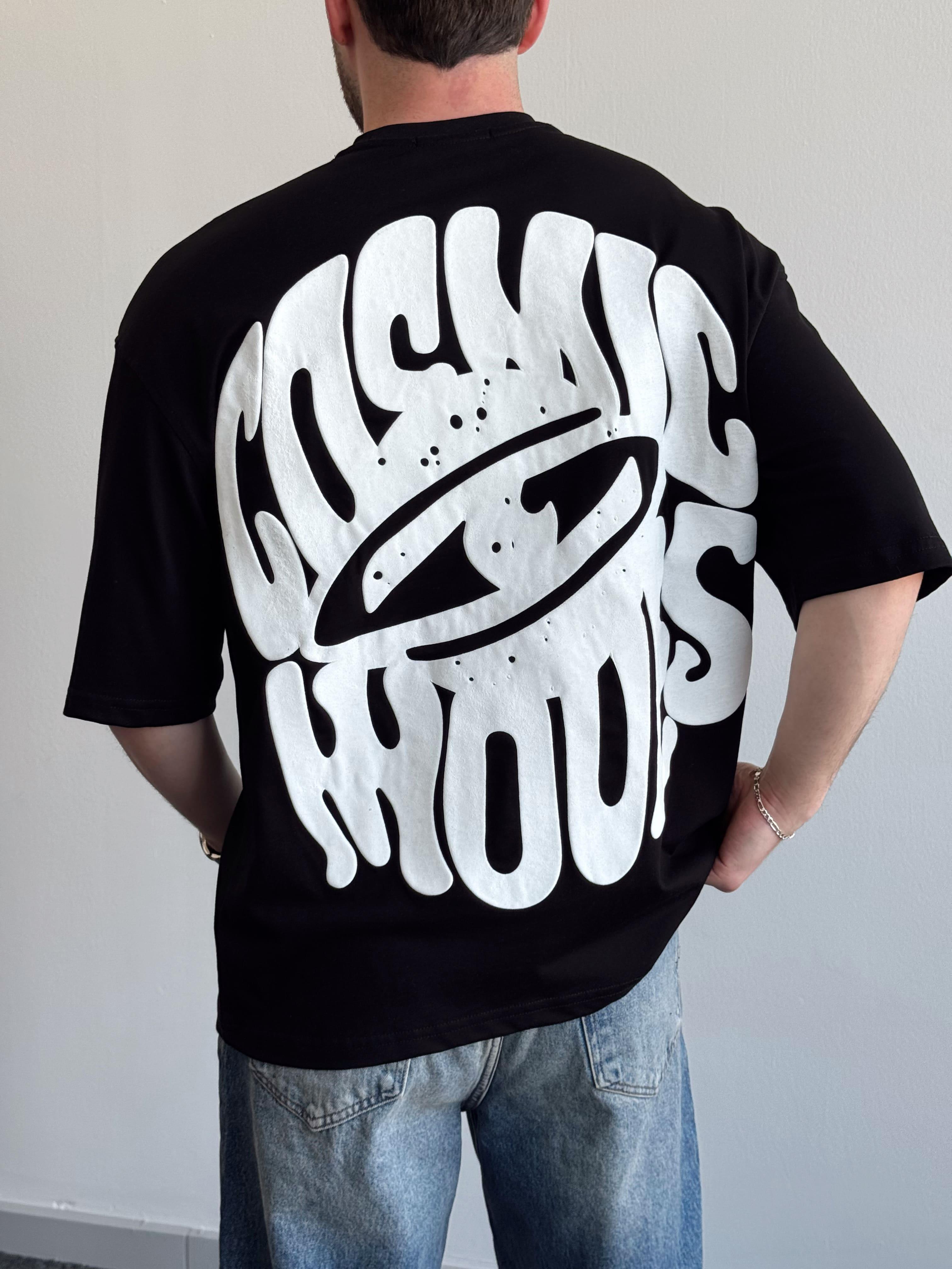 Erkek Yüksek Kalite Oversize Kalıp Cosmic Baskı Detay T-Shirt-Siyah(E1371)Ketench