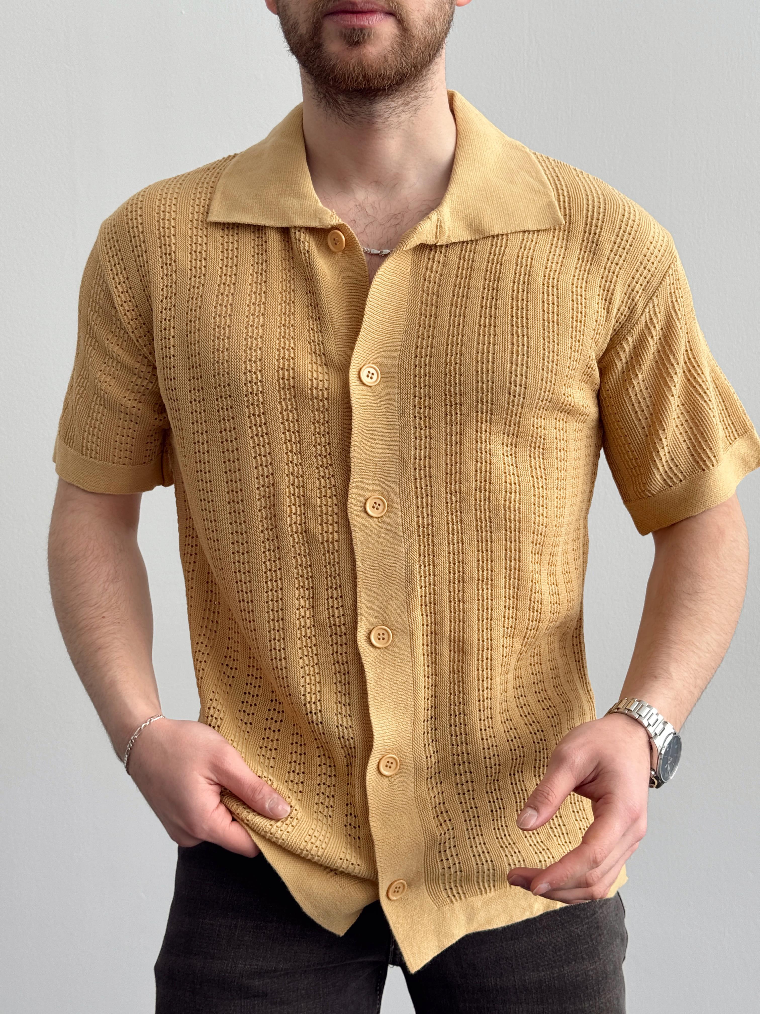 Erkek Yüksek Kalite Oversize Kalıp Desenli Yaka Detay Triko Hırka-Hardal(E1292)Ketench