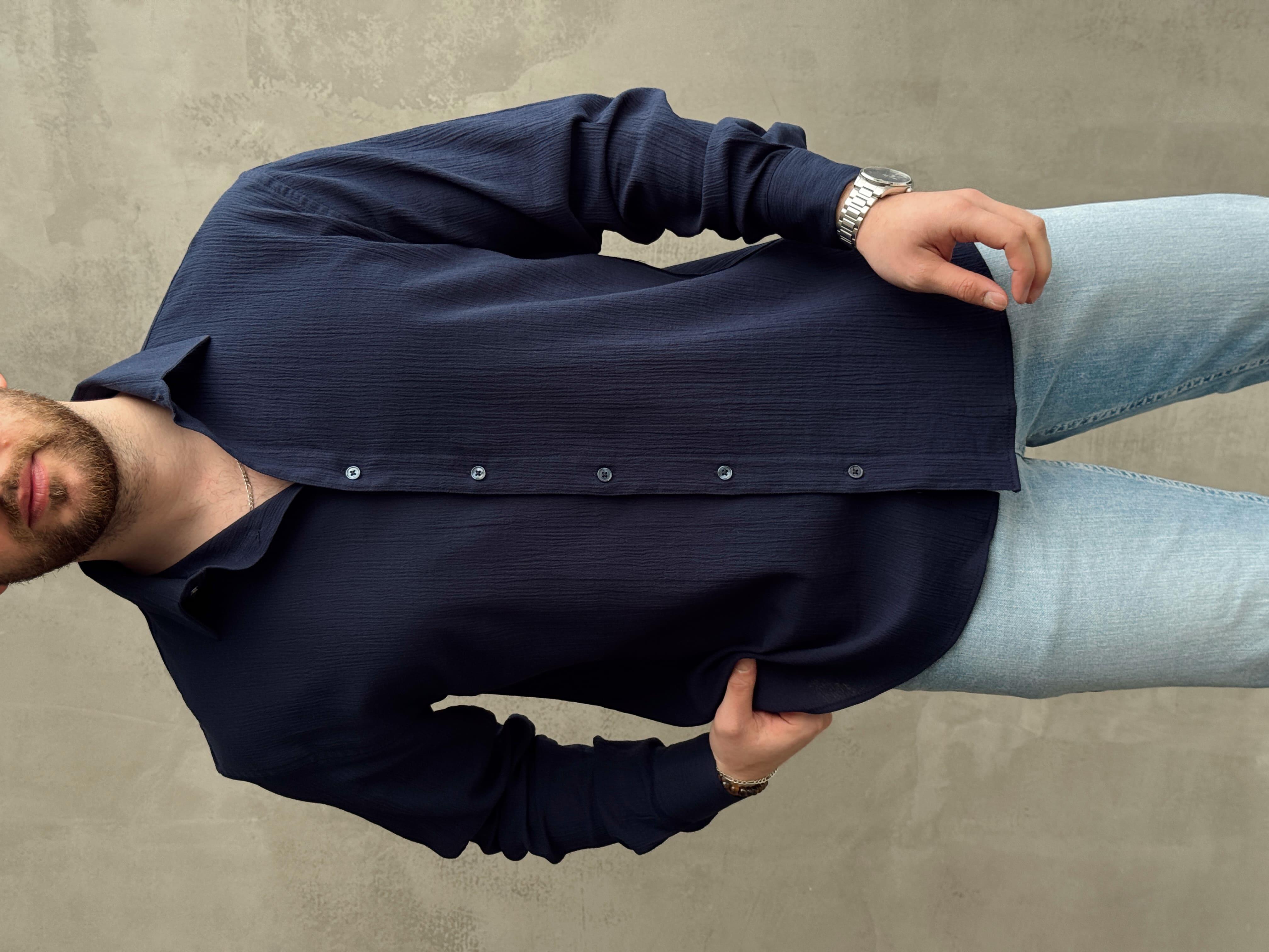 Erkek Yüksek Kalite Oversize Kalıp Dökümlü %100 Pamuk Krinkıl Gömlek-Lacivert(E1598)Ketench
