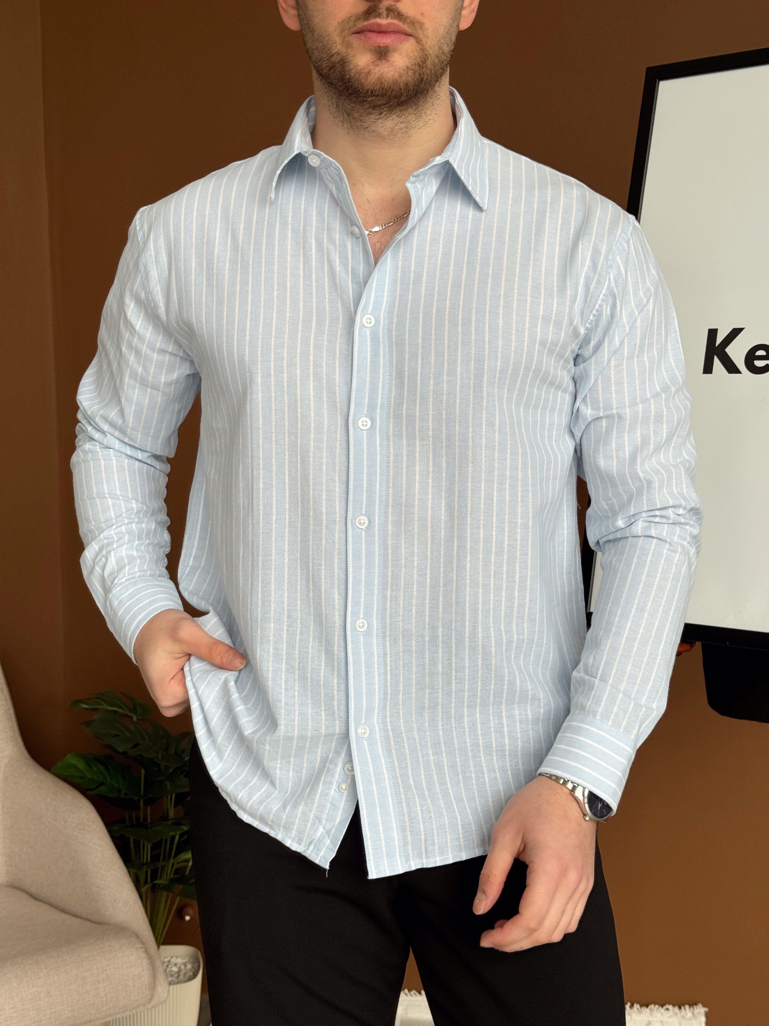 Erkek Yüksek Kalite Oversize Kalıp Dökümlü İnce Çizgi Detaylı %100 Pamuk Gömlek-Bebe Mavi(E1603)Ketench