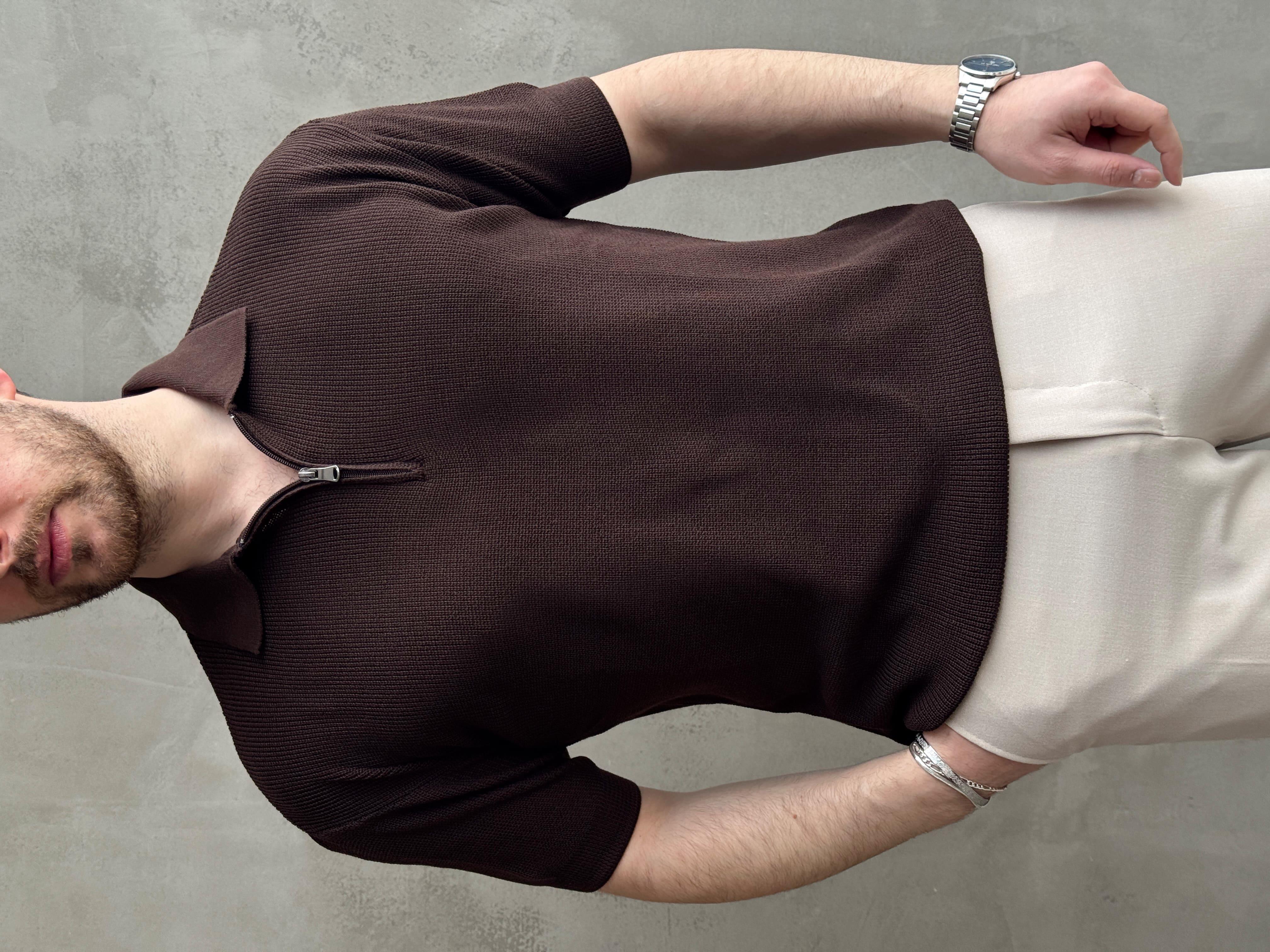 Erkek Yüksek Kalite Oversize Kalıp Fermuar Detaylı Polo Yaka Triko T-Shirt-Barut(E1610)Ketench