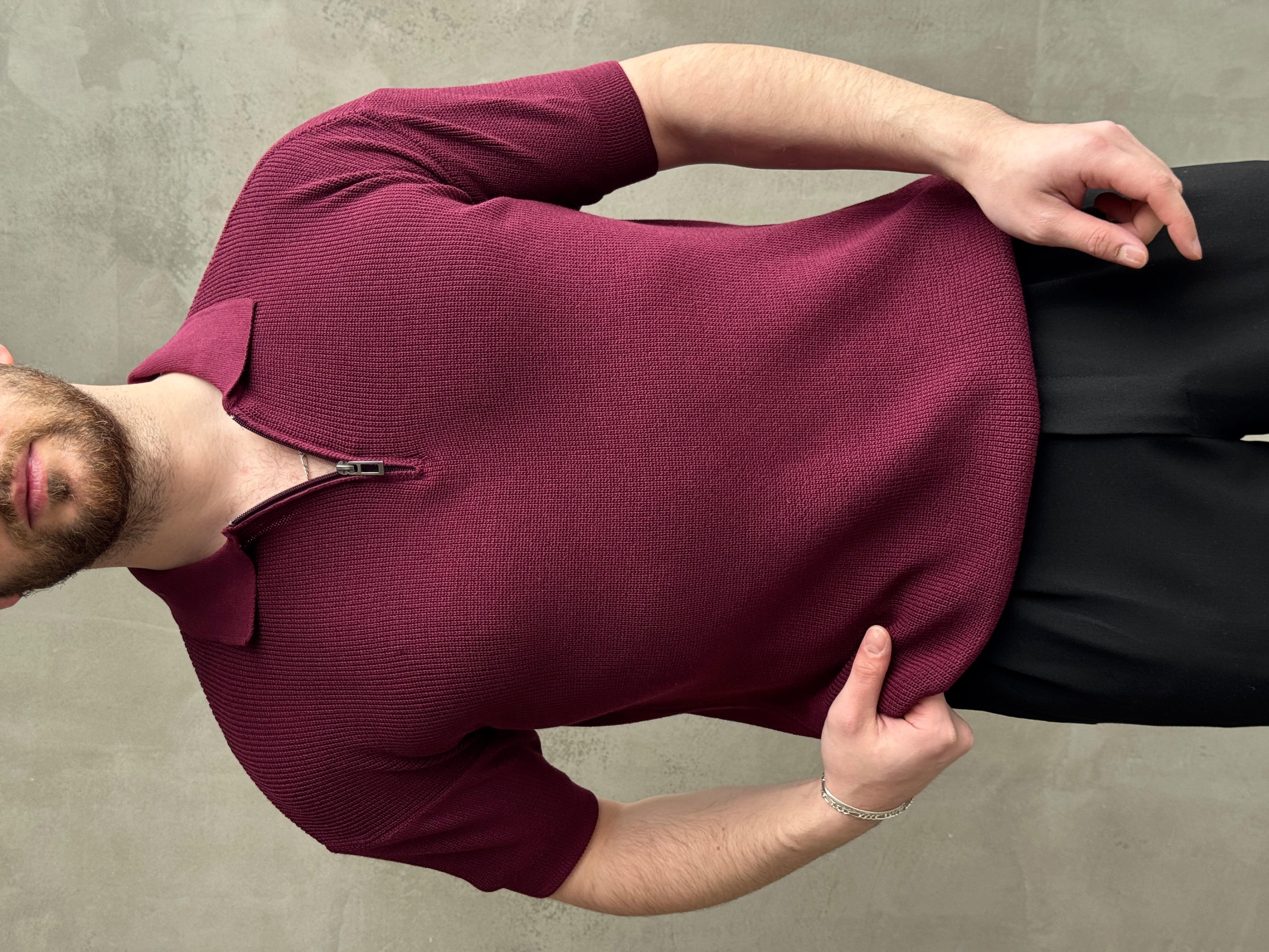 Erkek Yüksek Kalite Oversize Kalıp Fermuar Detaylı Polo Yaka Triko T-Shirt-Bordo(E1610)Ketench