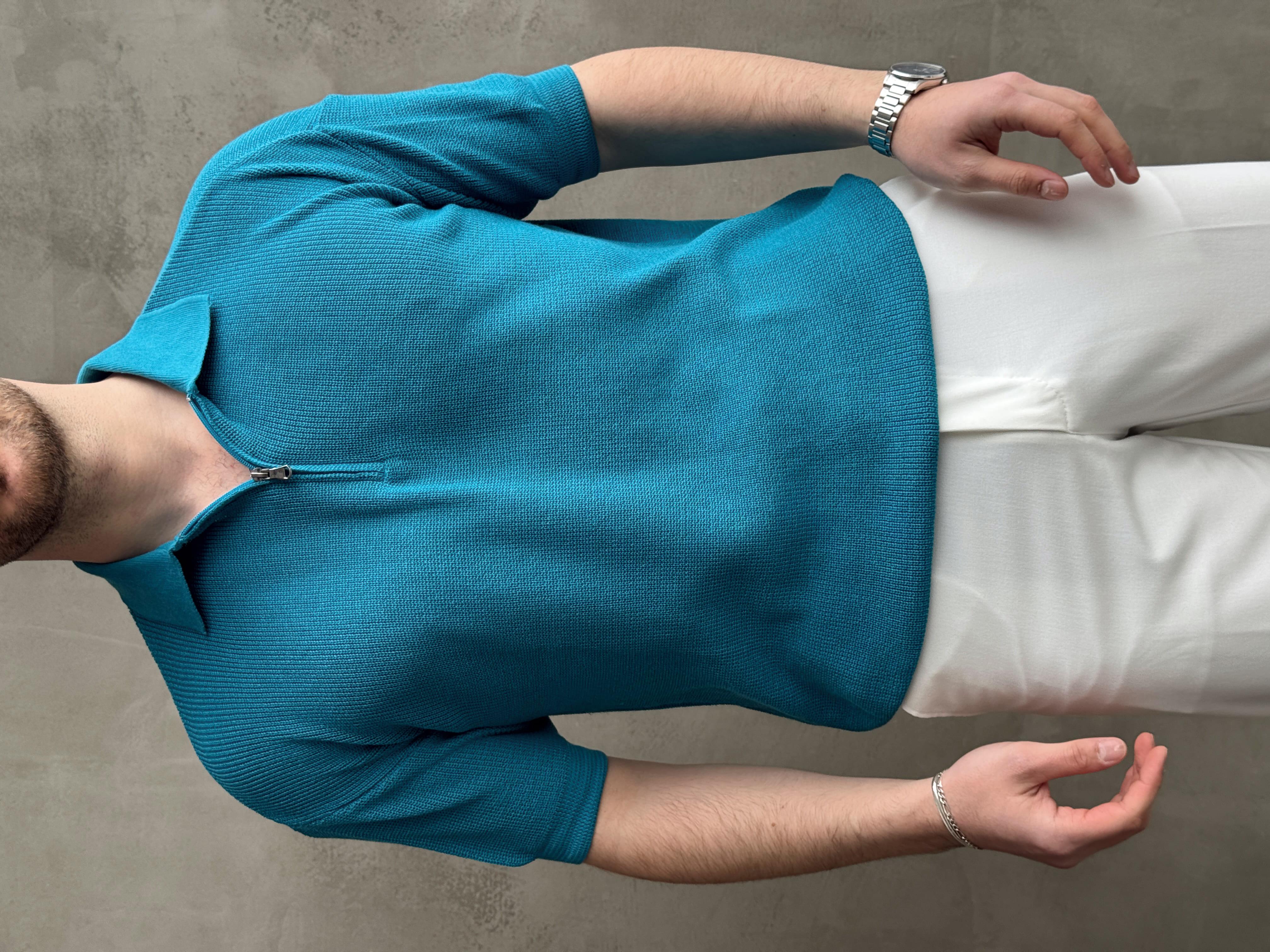 Erkek Yüksek Kalite Oversize Kalıp Fermuar Detaylı Polo Yaka Triko T-Shirt-Turkuaz(E1610)Ketench