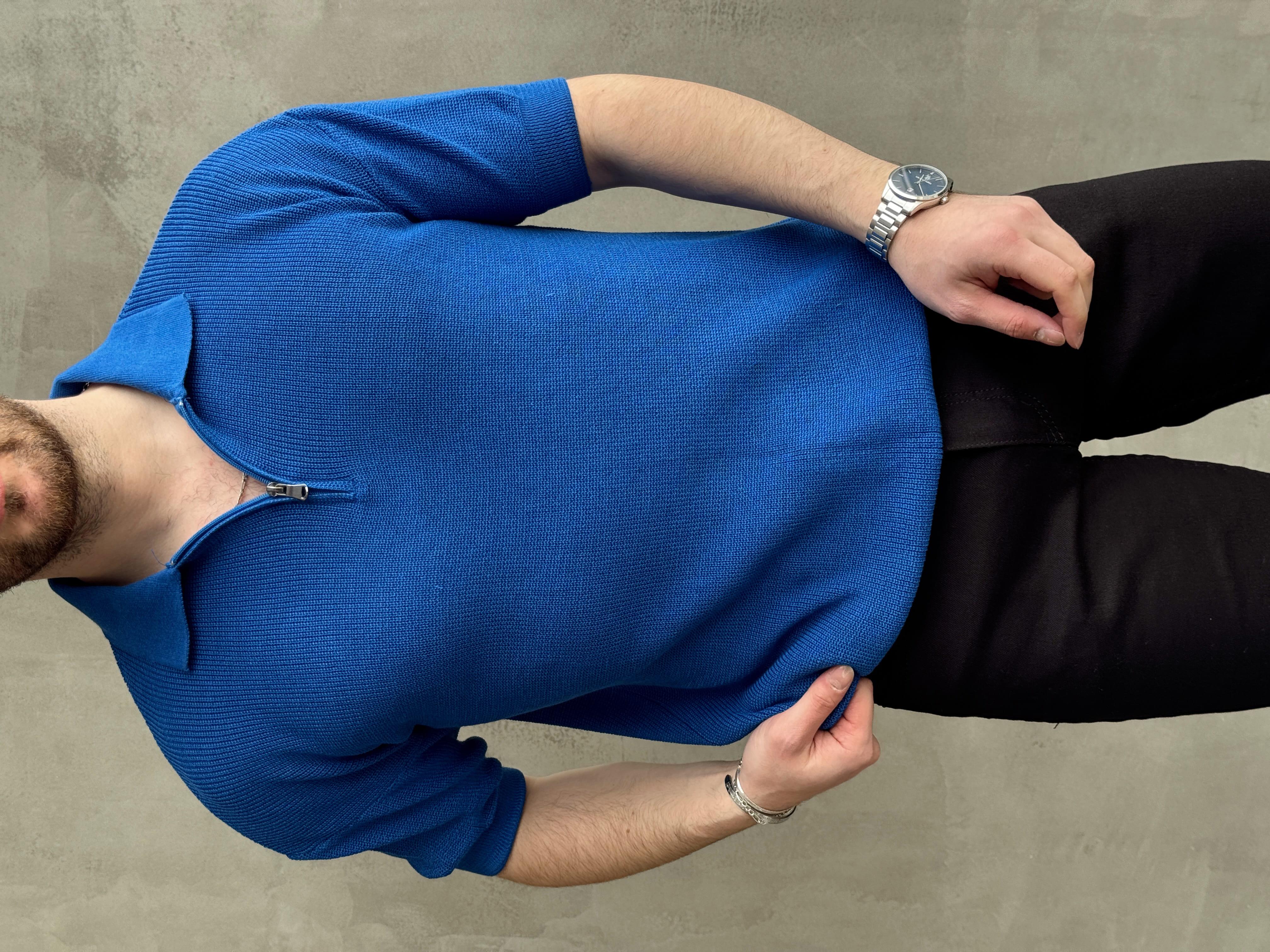 Erkek Yüksek Kalite Oversize Kalıp Fermuar Detaylı Polo Yaka Triko T-Shirt-Sax(E1610)Ketench