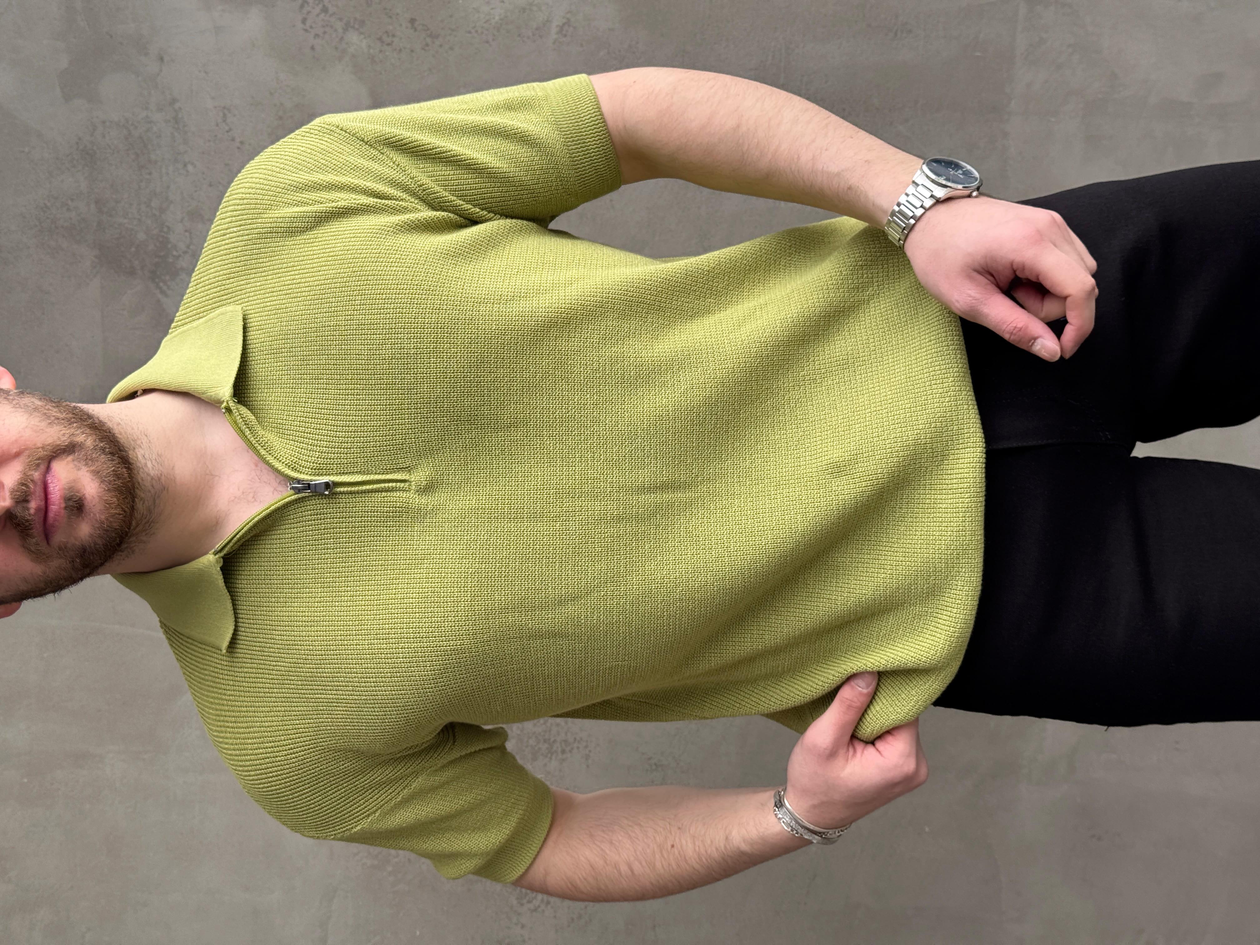 Erkek Yüksek Kalite Oversize Kalıp Fermuar Detaylı Polo Yaka Triko T-Shirt-Mint(E1610)Ketench
