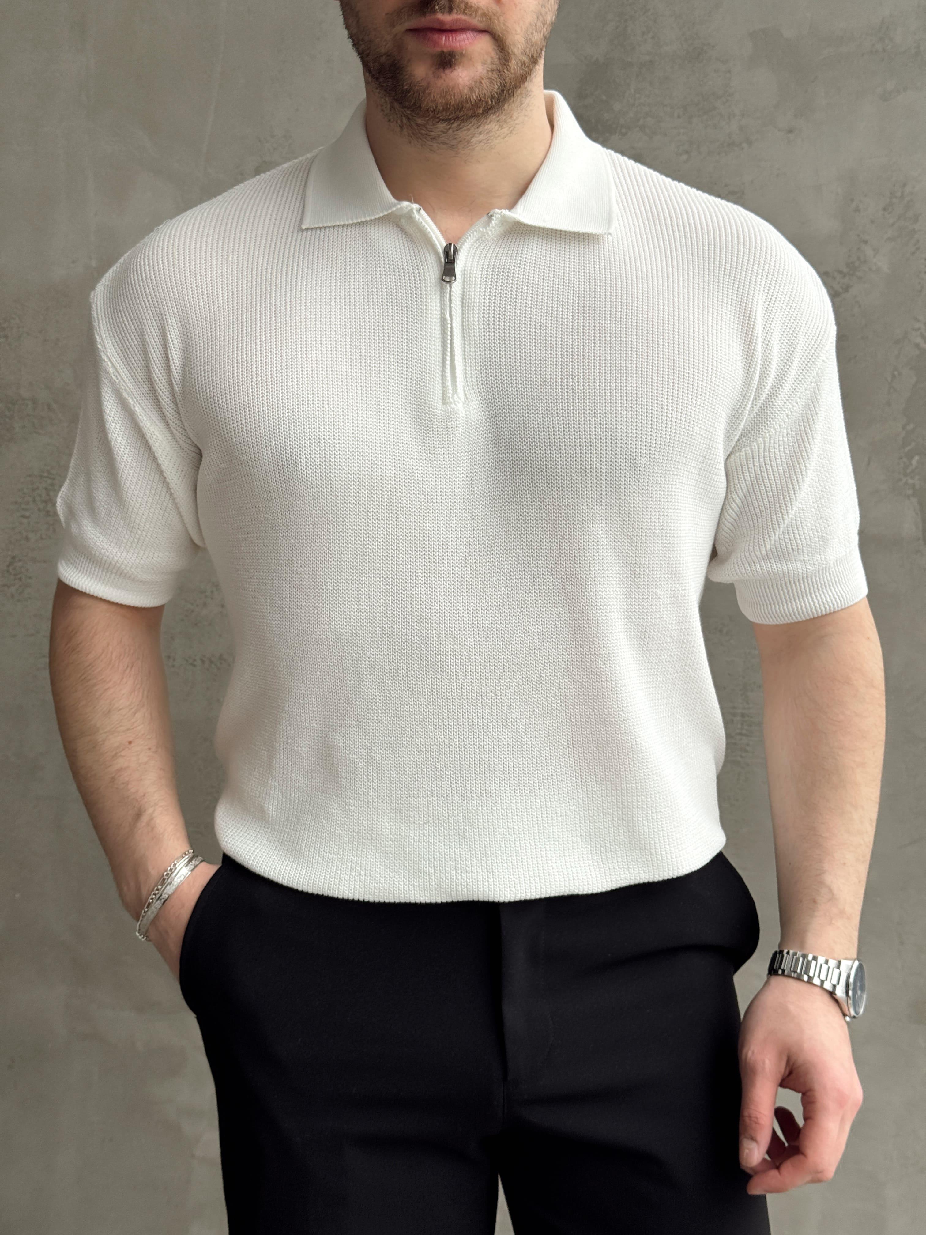 Erkek Yüksek Kalite Oversize Kalıp Fermuar Detaylı Polo Yaka Triko T-Shirt-Beyaz(E1610)Ketench