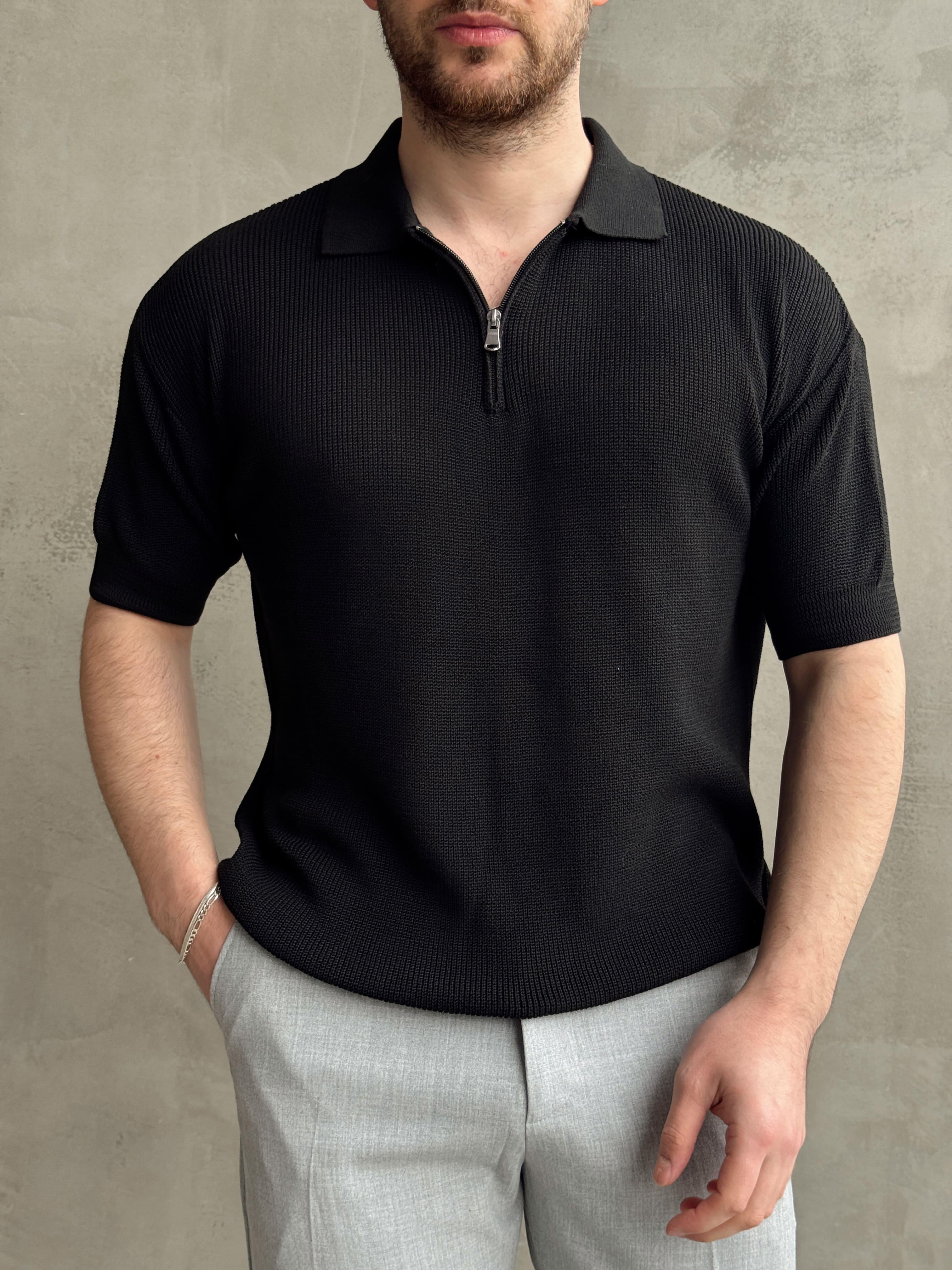 Erkek Yüksek Kalite Oversize Kalıp Fermuar Detaylı Polo Yaka Triko T-Shirt-Siyah(E1610)Ketench