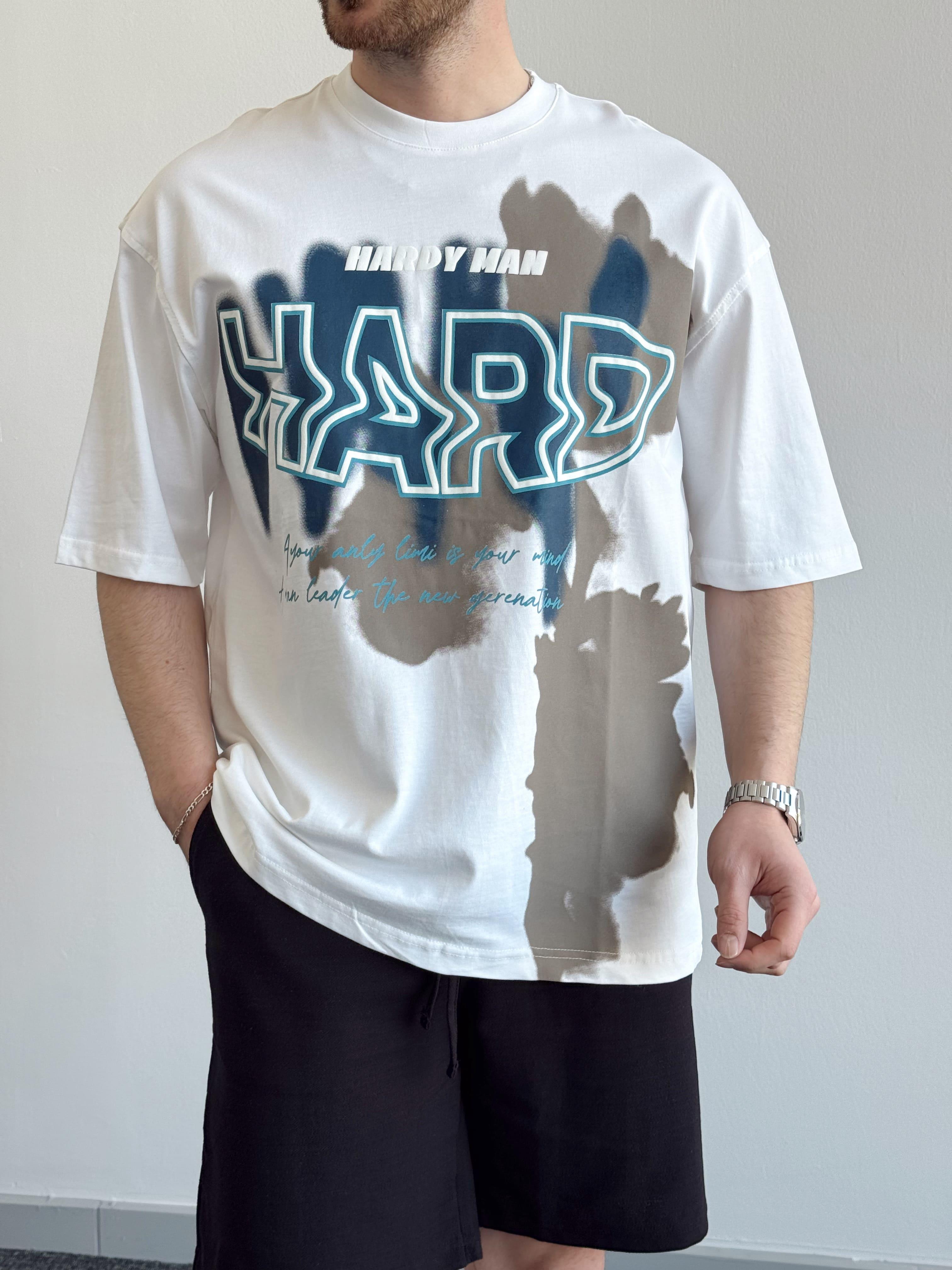 Erkek Yüksek Kalite Oversize Kalıp Hard Man Baskı Detay T-Shirt-Beyaz(E1369)Ketench
