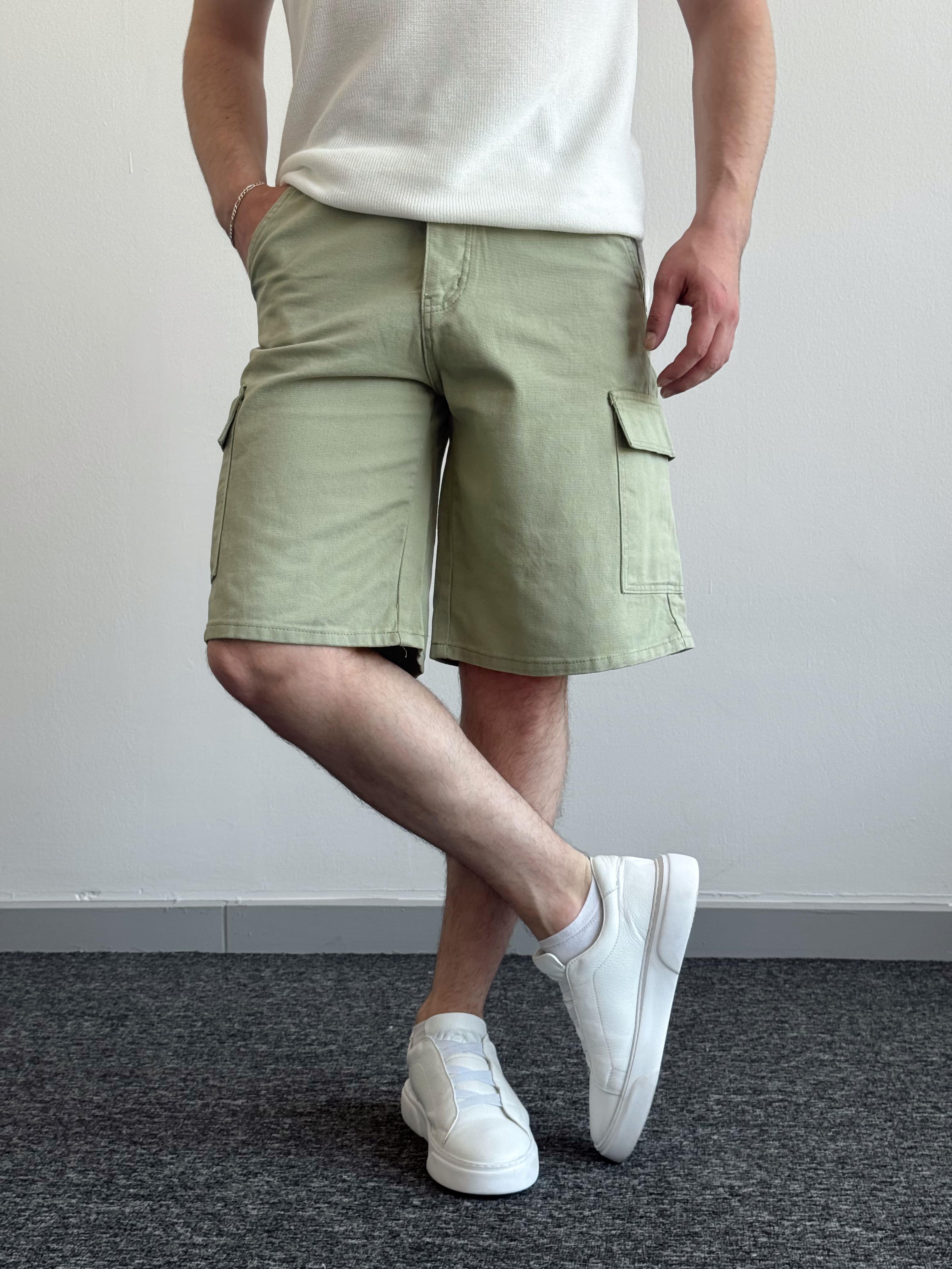 Erkek Yüksek Kalite Oversize Kalıp Kargo Cep Detay Hem Sneaker Hem Sandalet Kambinlenebilir Denim Şort-Yeşil(E1423)TD:513Ketench