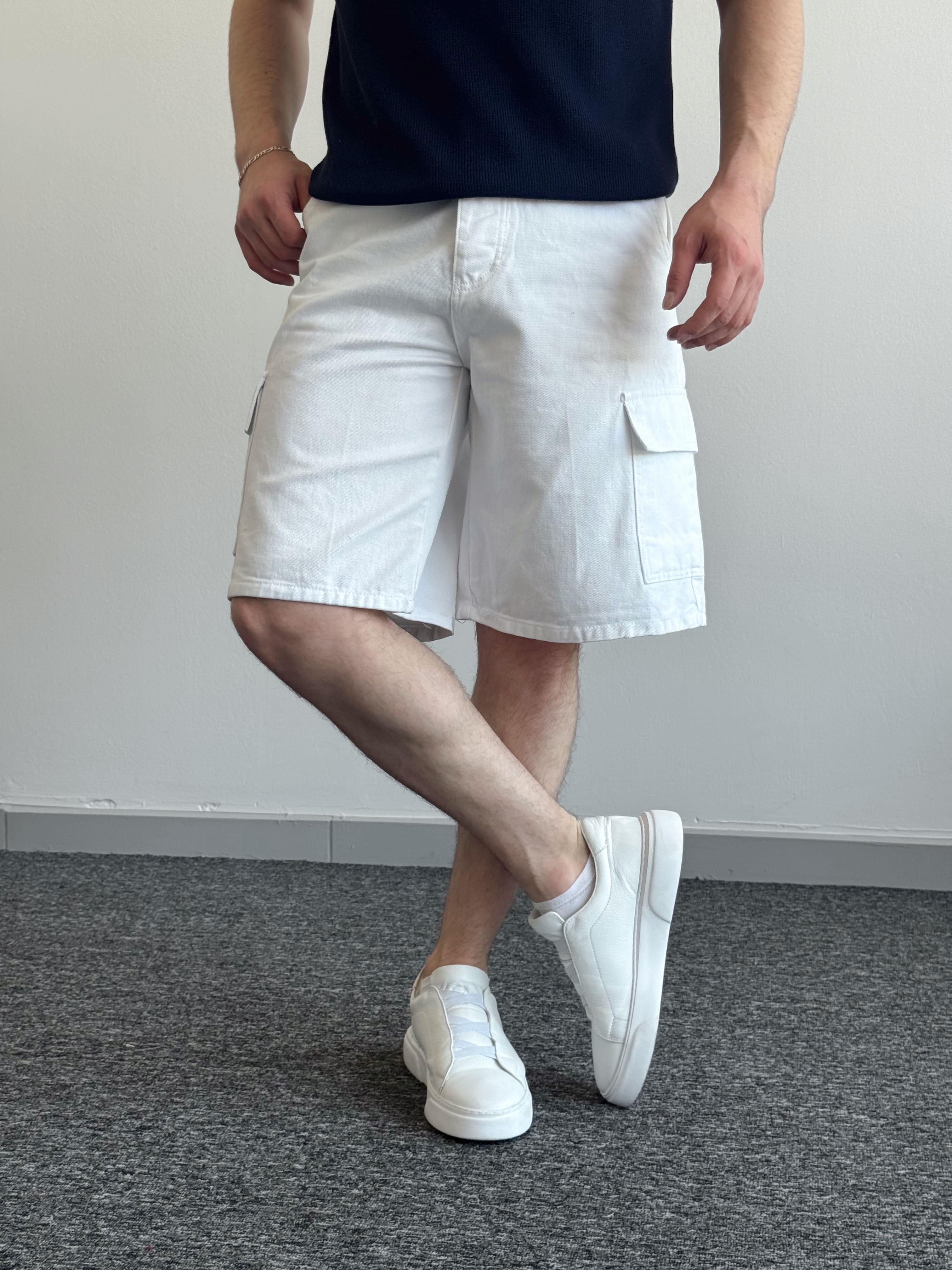 Erkek Yüksek Kalite Oversize Kalıp Kargo Cep Detay Hem Sneaker Hem Sandalet Kambinlenebilir Denim Şort-Beyaz(E1423)TD:530Ketench