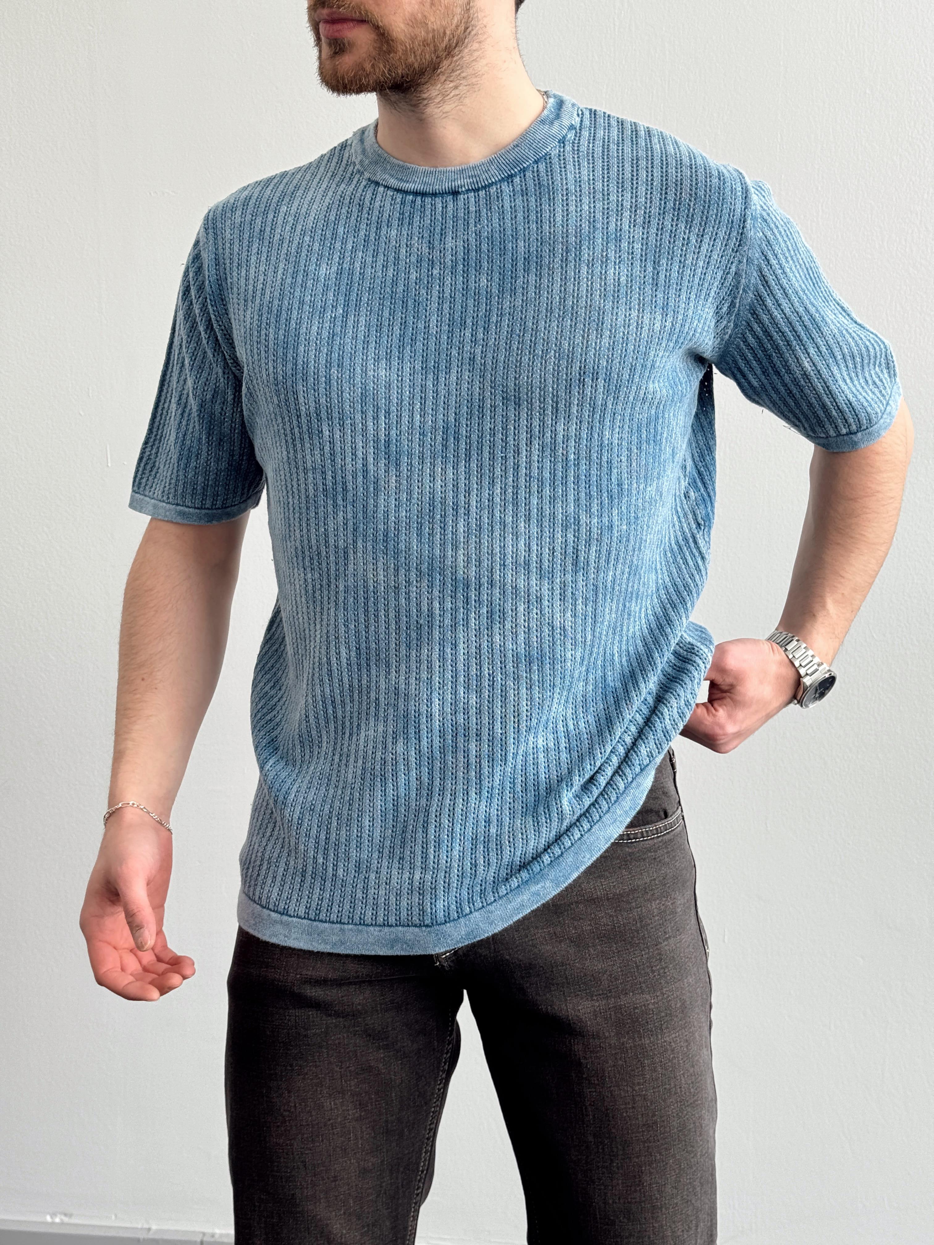 Erkek Yüksek Kalite Oversize Kalıp Knit Washed T-Shirt-İndigo(E1289)Ketench