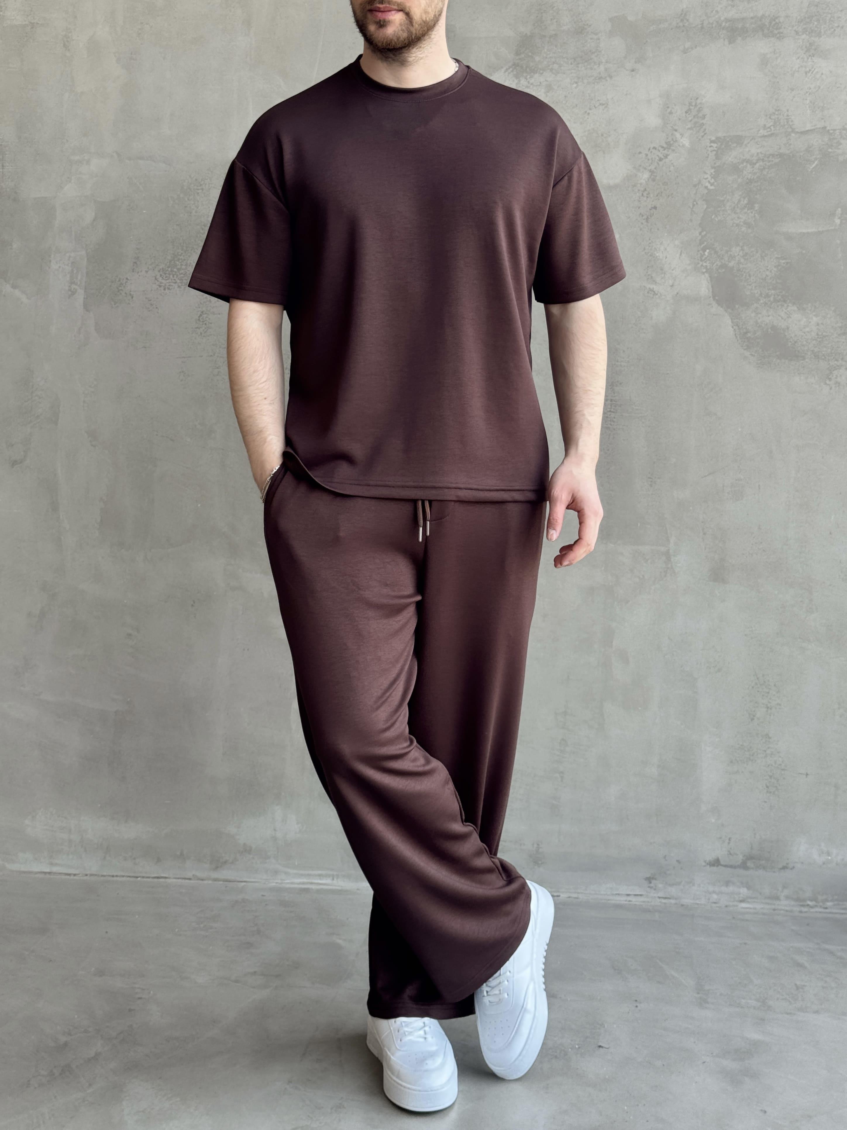 Erkek Yüksek Kalite Oversize Kalıp Oysh Kumaş Eşofman T-Shirt Takım-Kahverengi(E1688)Ketench