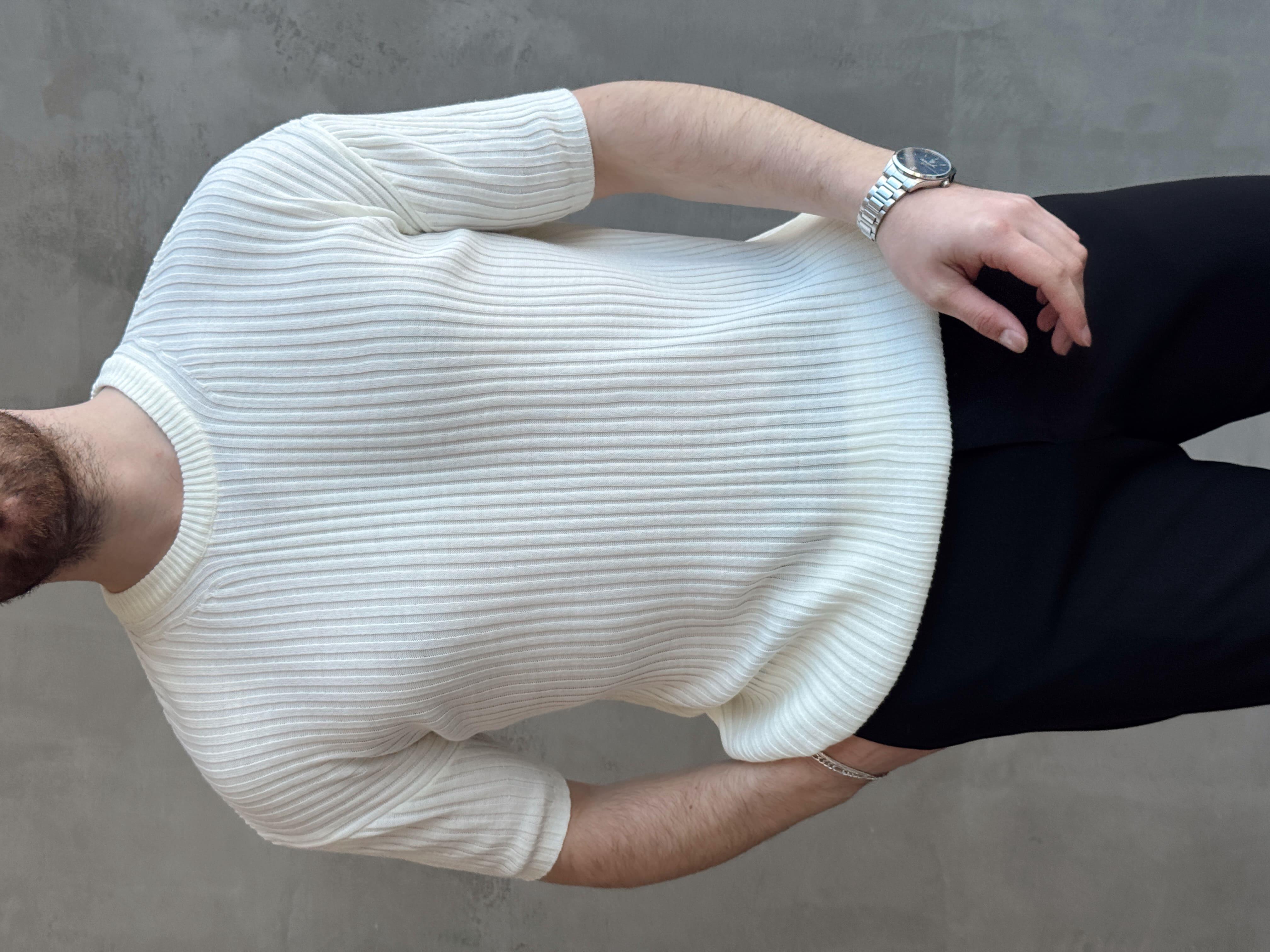 Erkek Yüksek Kalite Oversize Kalıp Şerit Detaylı Bisiklet Yaka Triko T-Shirt-Beyaz(E1654)Ketench