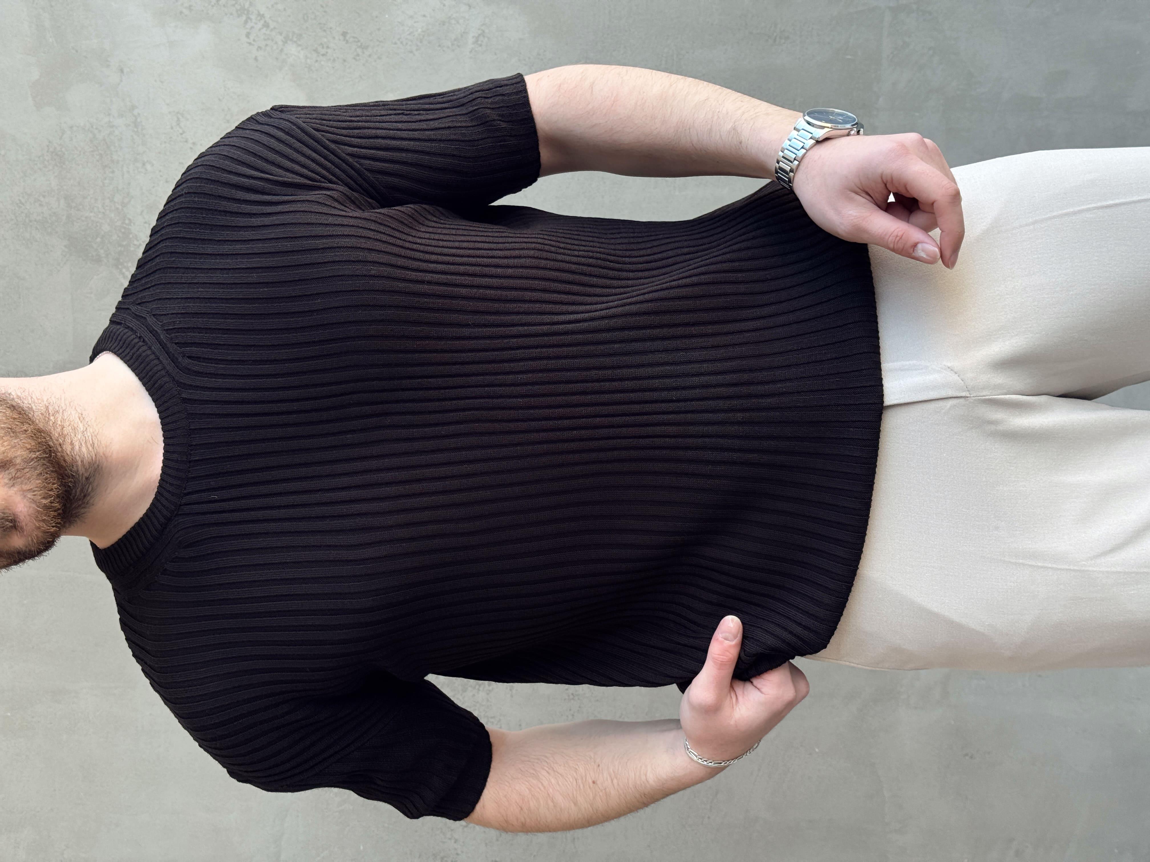 Erkek Yüksek Kalite Oversize Kalıp Şerit Detaylı Bisiklet Yaka Triko T-Shirt-Siyah(E1654)Ketench