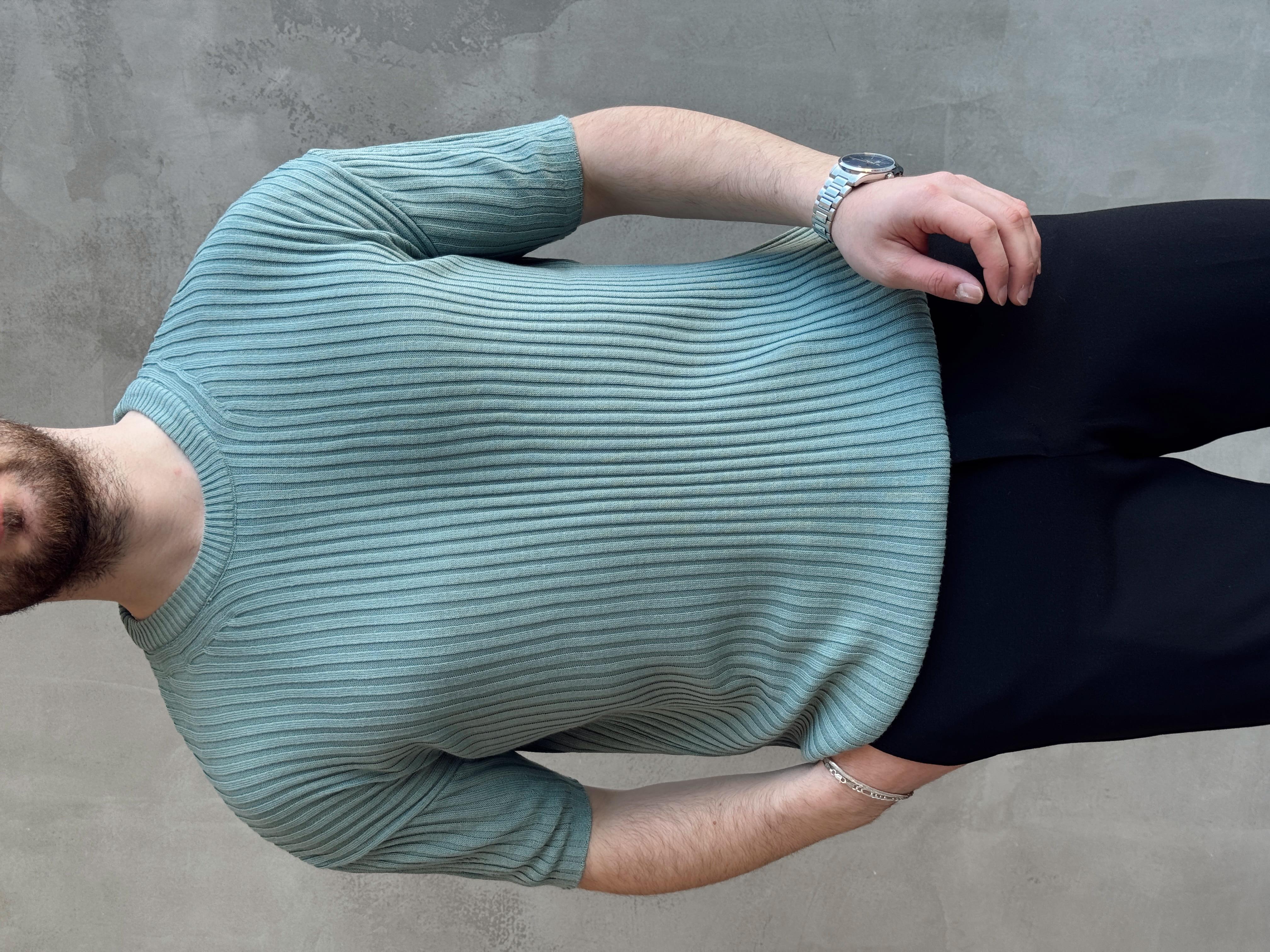 Erkek Yüksek Kalite Oversize Kalıp Şerit Detaylı Bisiklet Yaka Triko T-Shirt-Haki(E1654)Ketench