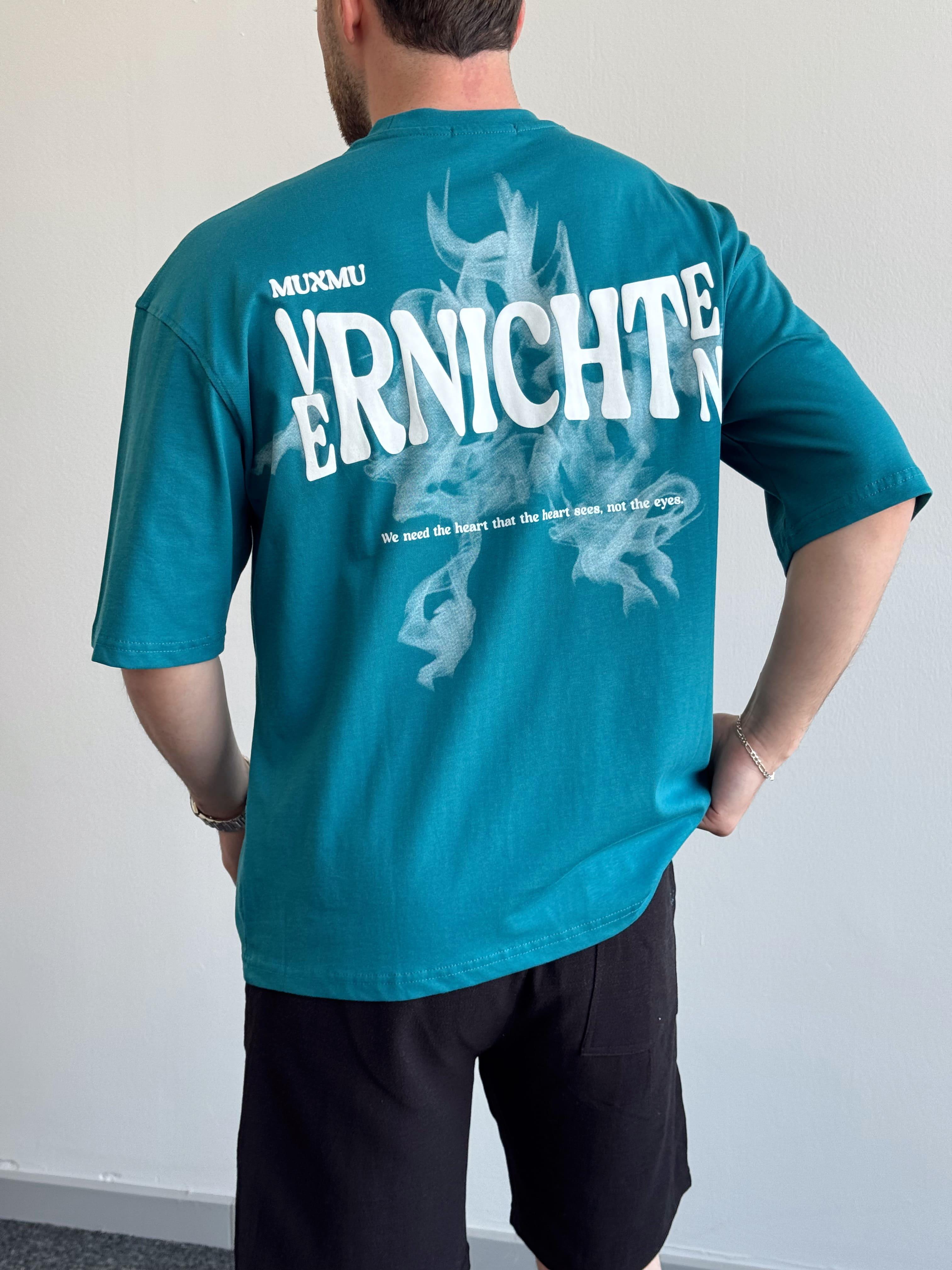 Erkek Yüksek Kalite Oversize Kalıp Varnichten Baskı Detay T-Shirt-Petrol(E1368)Ketench