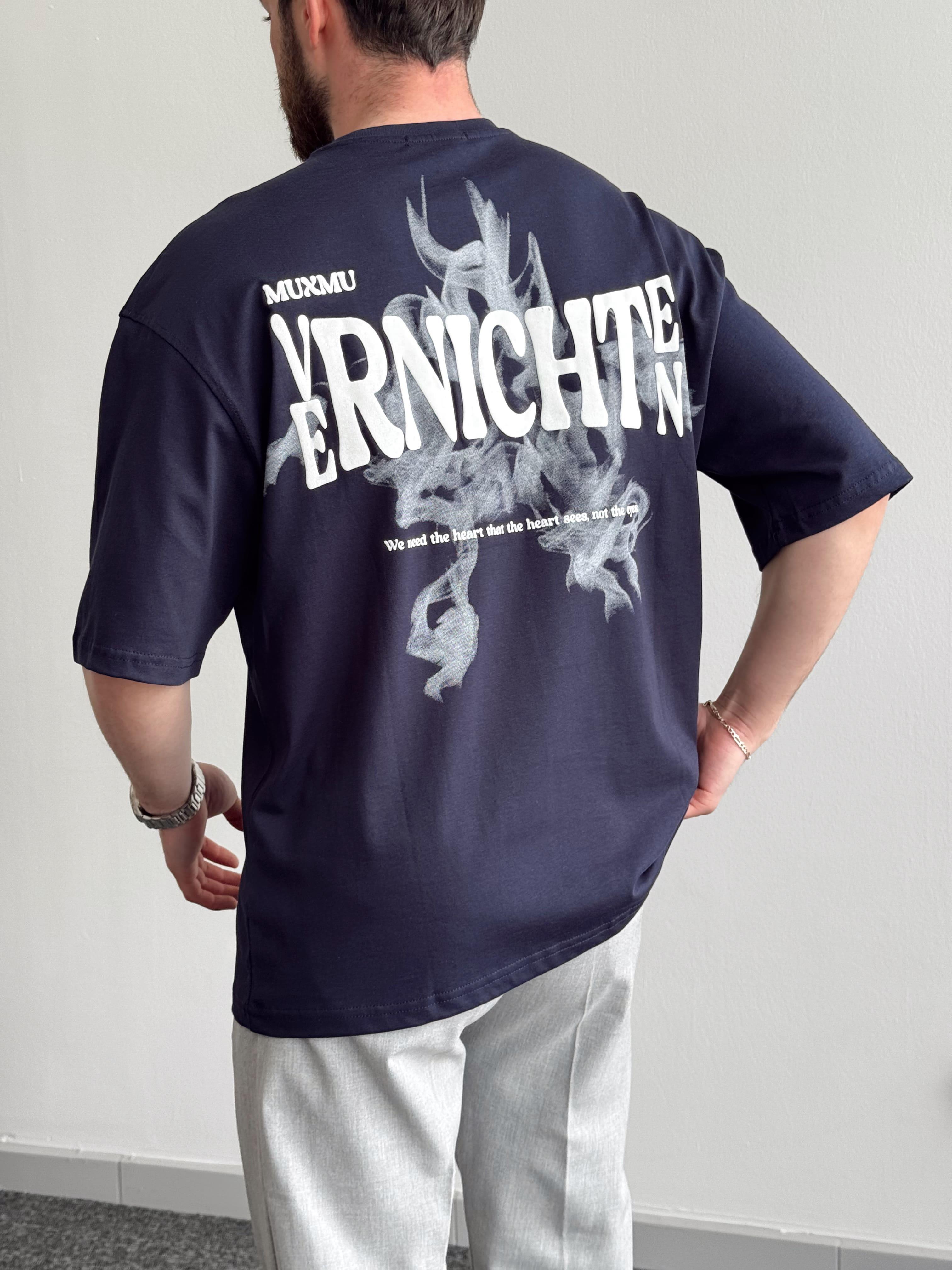 Erkek Yüksek Kalite Oversize Kalıp Varnichten Baskı Detay T-Shirt-Lacivert(E1368)Ketench