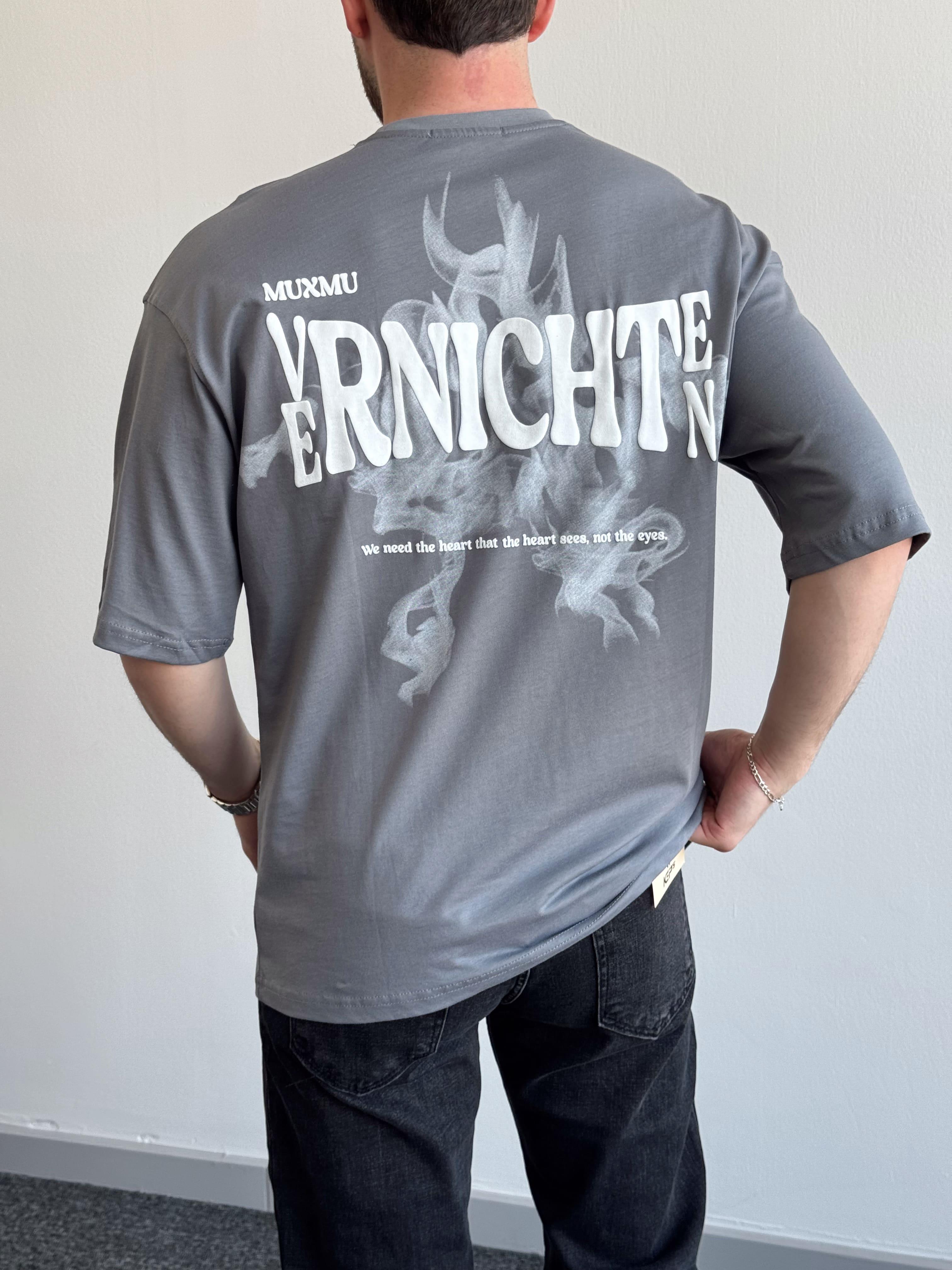 Erkek Yüksek Kalite Oversize Kalıp Varnichten Baskı Detay T-Shirt-Füme(E1368)Ketench