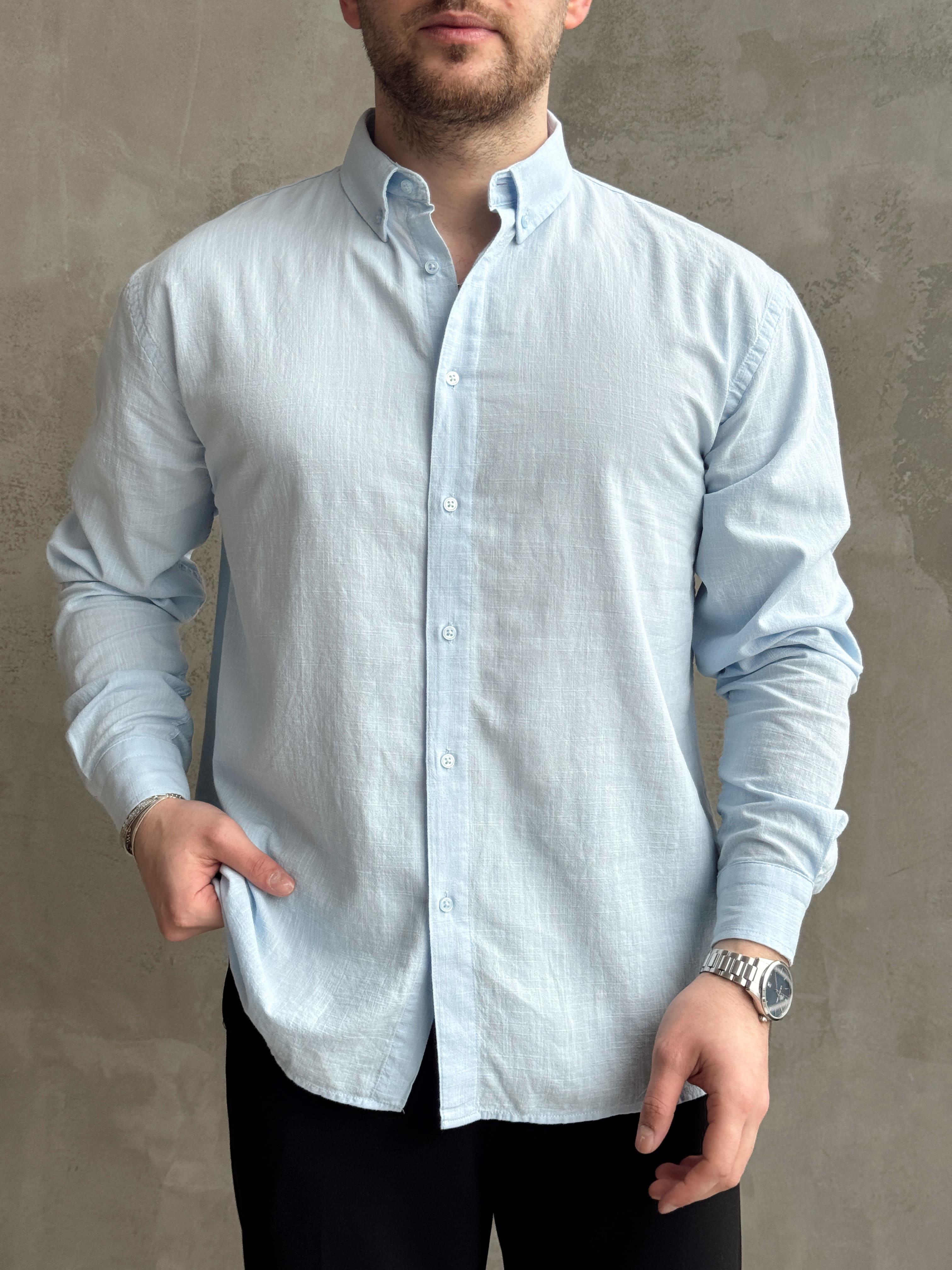 Erkek Yüksek Kalite Oversize Kalıp Yaka Düğme Detaylı %100 Pamuk Oxford Gömlek-Bebe Mavi(E1605)Ketench