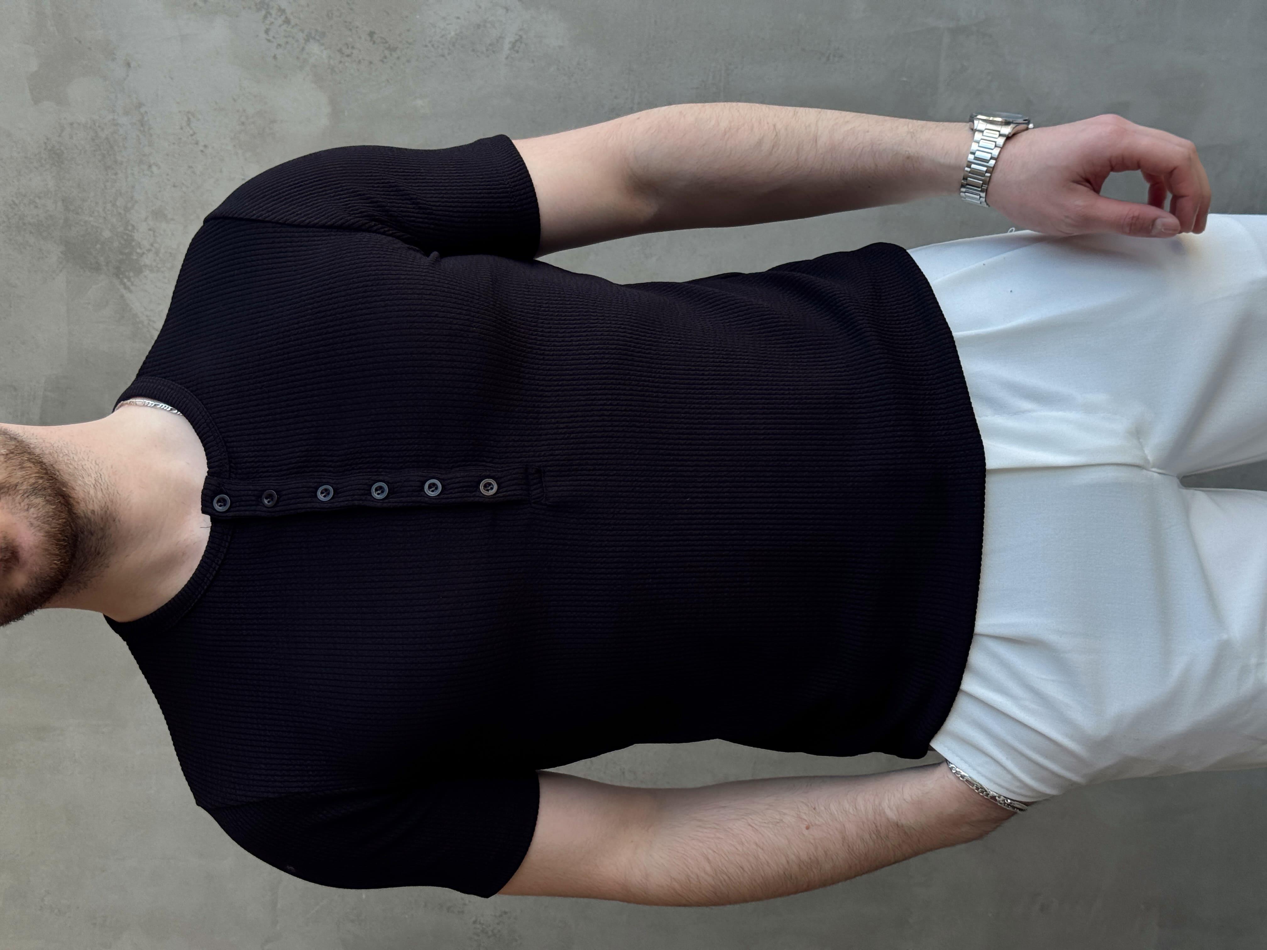 Erkek Yüksek Kalite Regular Fit Düğme Detaylı Bisiklet Yaka T-Shirt-Siyah(E1659)Ketench