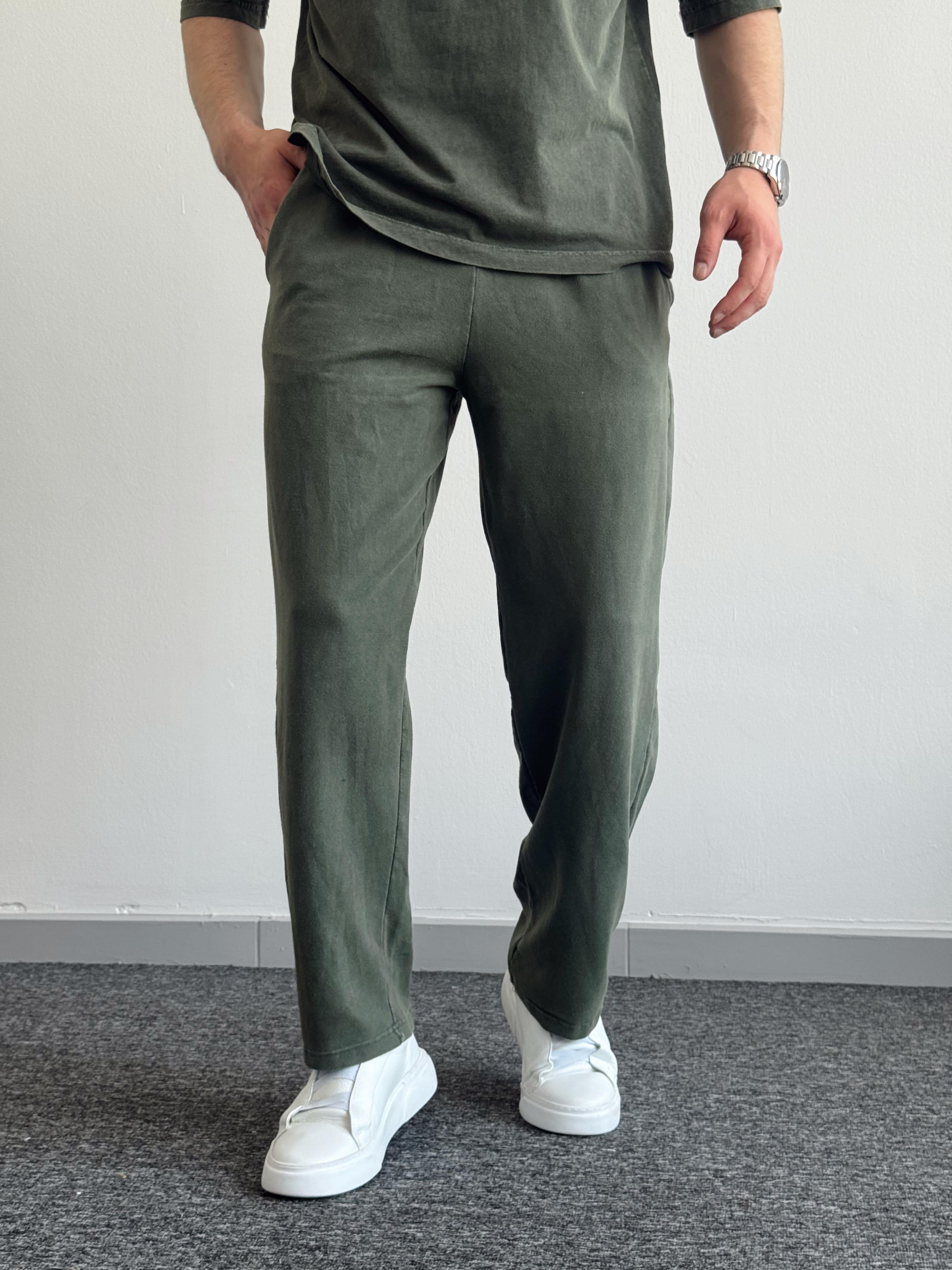 Erkek Yüksek Kalite Yıkamalı Beli Lastik Detay Baggy Kalıp Eşofman Pantolon-Yeşil(E1420)Ketench
