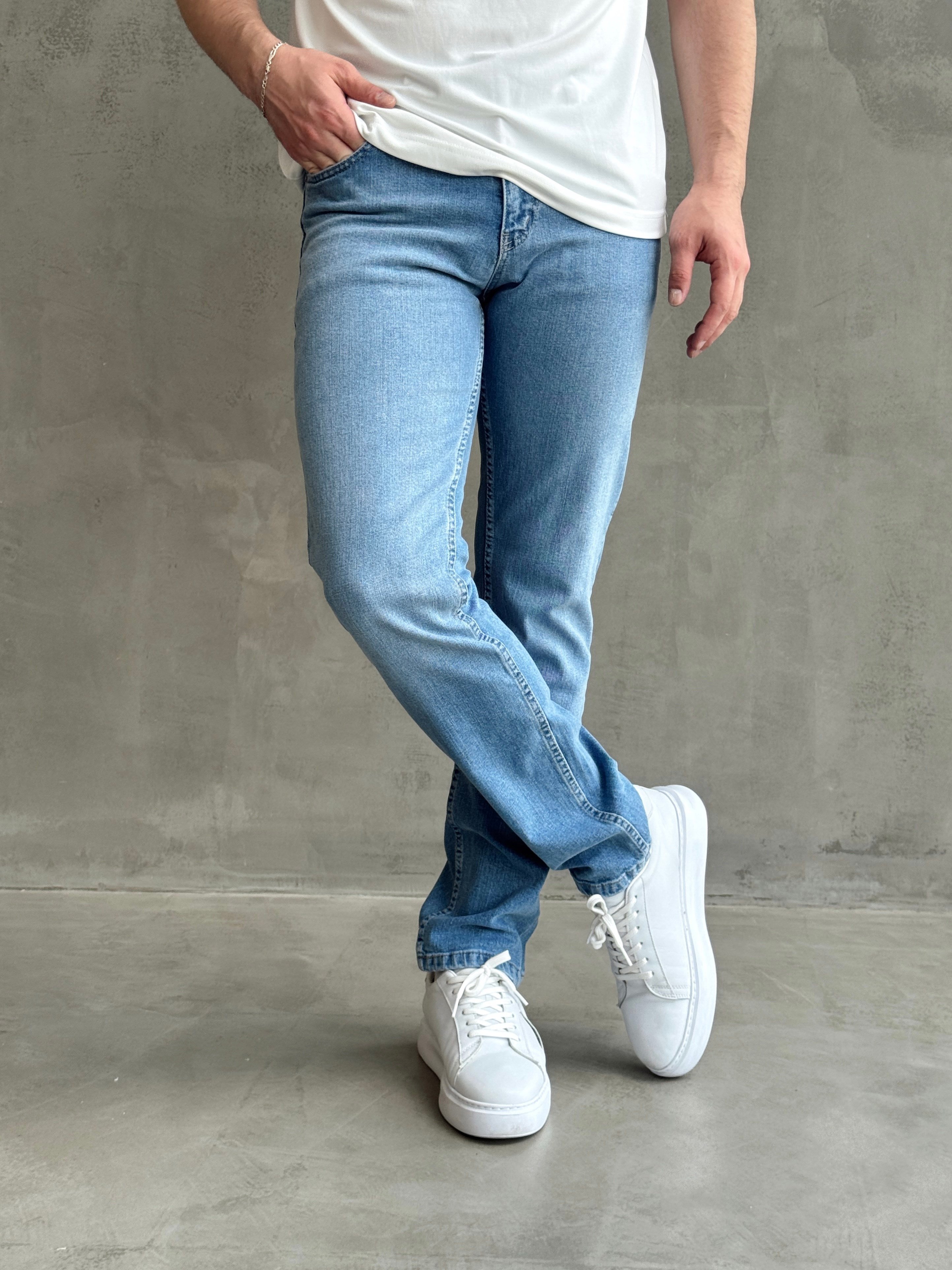 Erkek Yüksek Kalite Yıkamalı Taşlı Regular Kalıp Kot Pantolon Jeans-Açık Mavi(E1596) TD:703Ketench